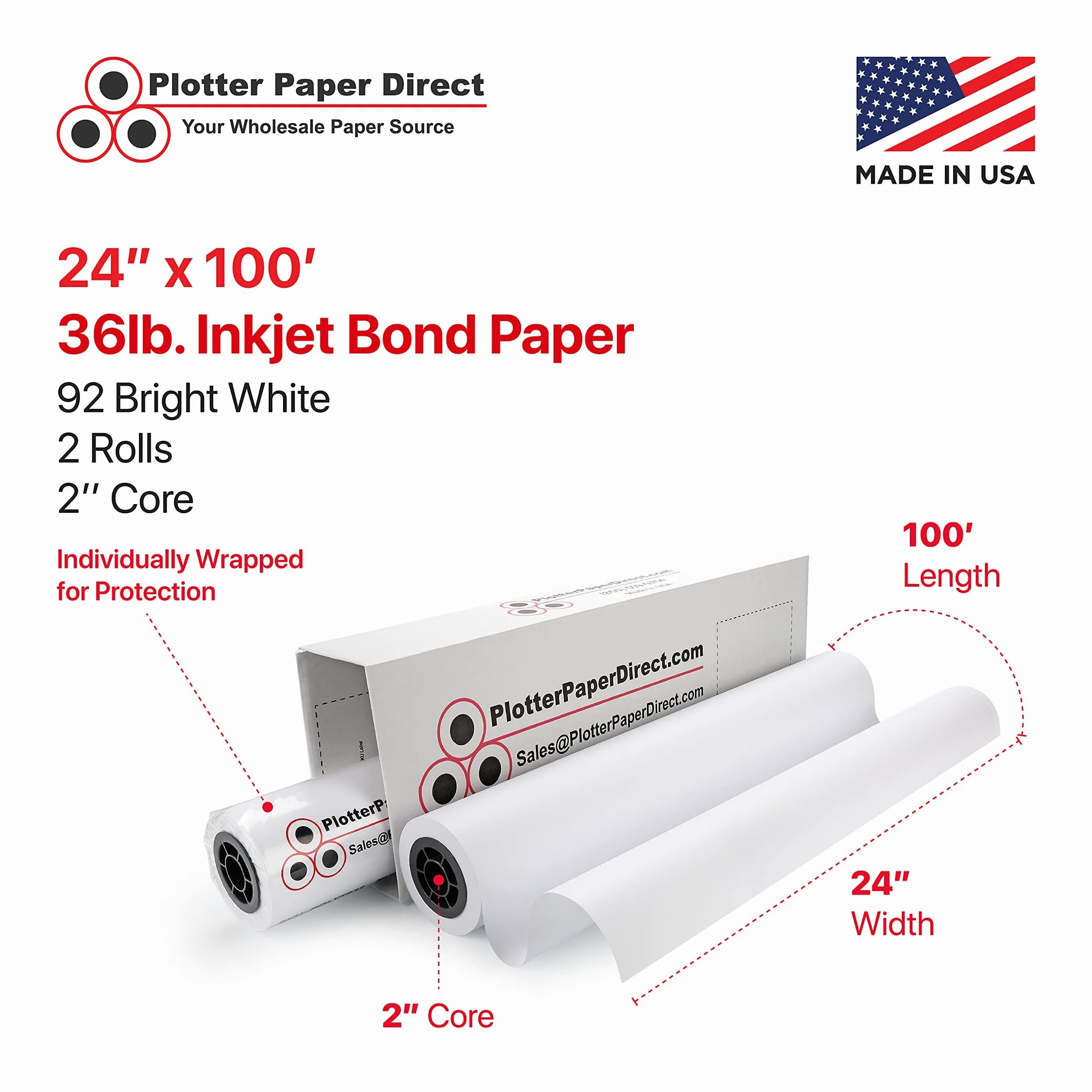 Plotter Paper Direct Carta bianca rivestita per plotter da 61 cm x 30,5 m, 16,3 kg, nucleo da 5,1 cm, 92 bianco brillante, per stampa CAD su stampanti a getto d'inchiostro di ampio formato (confezione