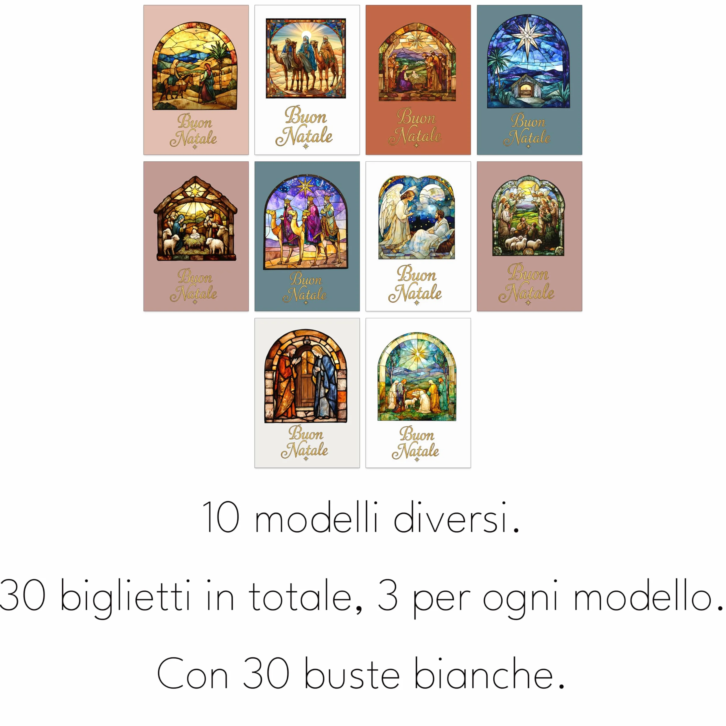 Set di 30 Biglietti di Natale Religiosi A6 con Vetrate 10 Design Cristiani Buste Bianche
