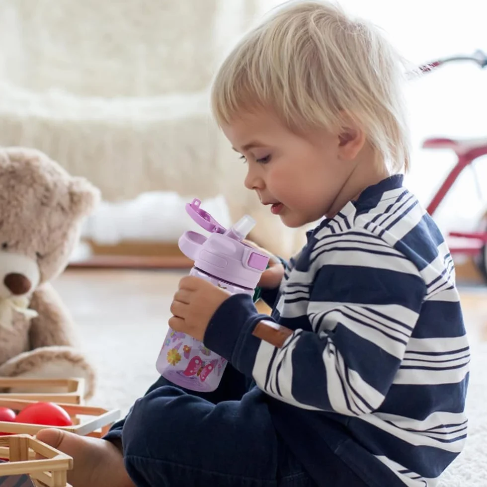 Borraccia Bambini 400ml Robusta Infrangibile Senza BPA One-Touch con Cannuccia Farfalla