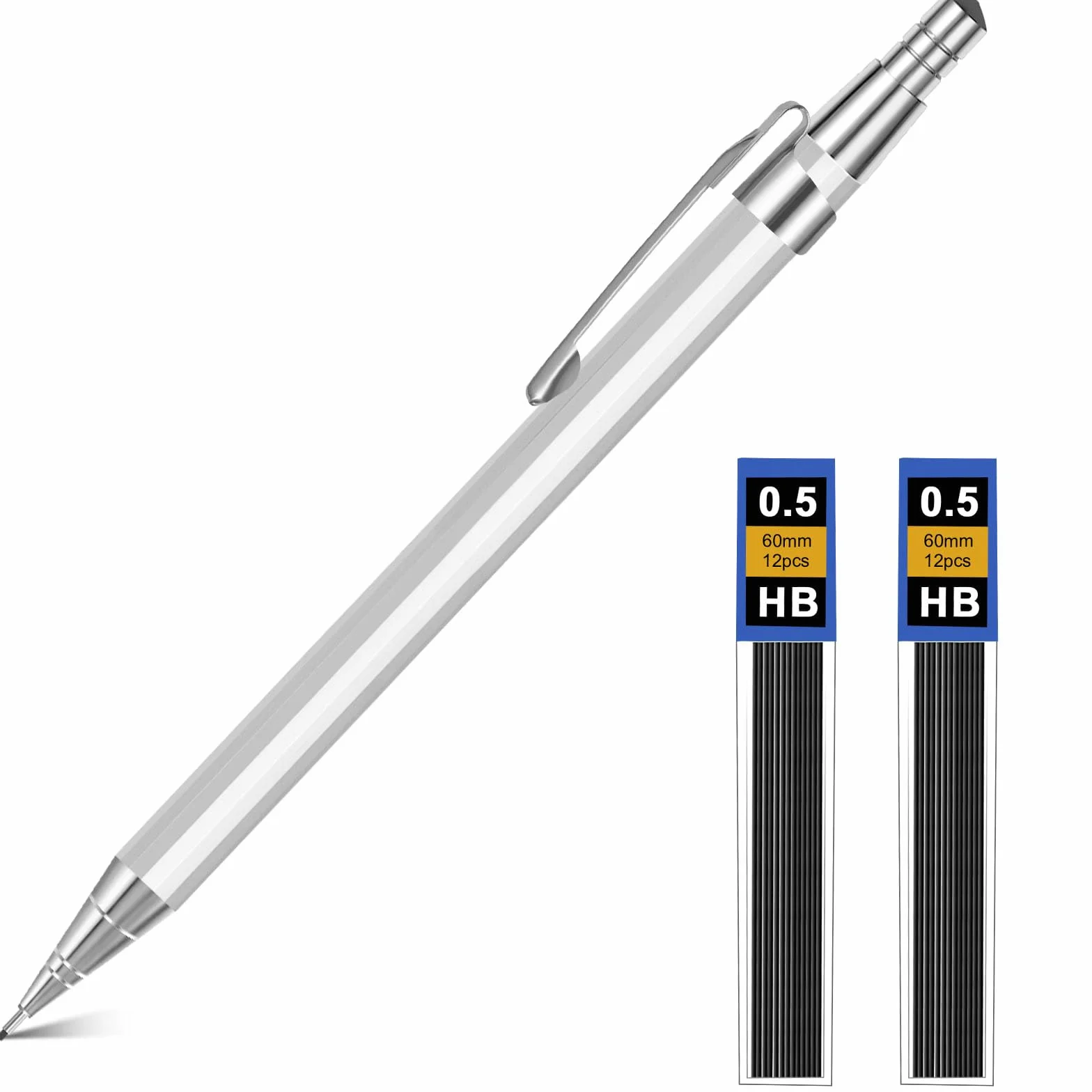 OFFCUP Set Matite Meccaniche 0.5mm Portamine in Metallo con 2 Tubo HB Mine per Disegno Scrittura Schizzi Argento