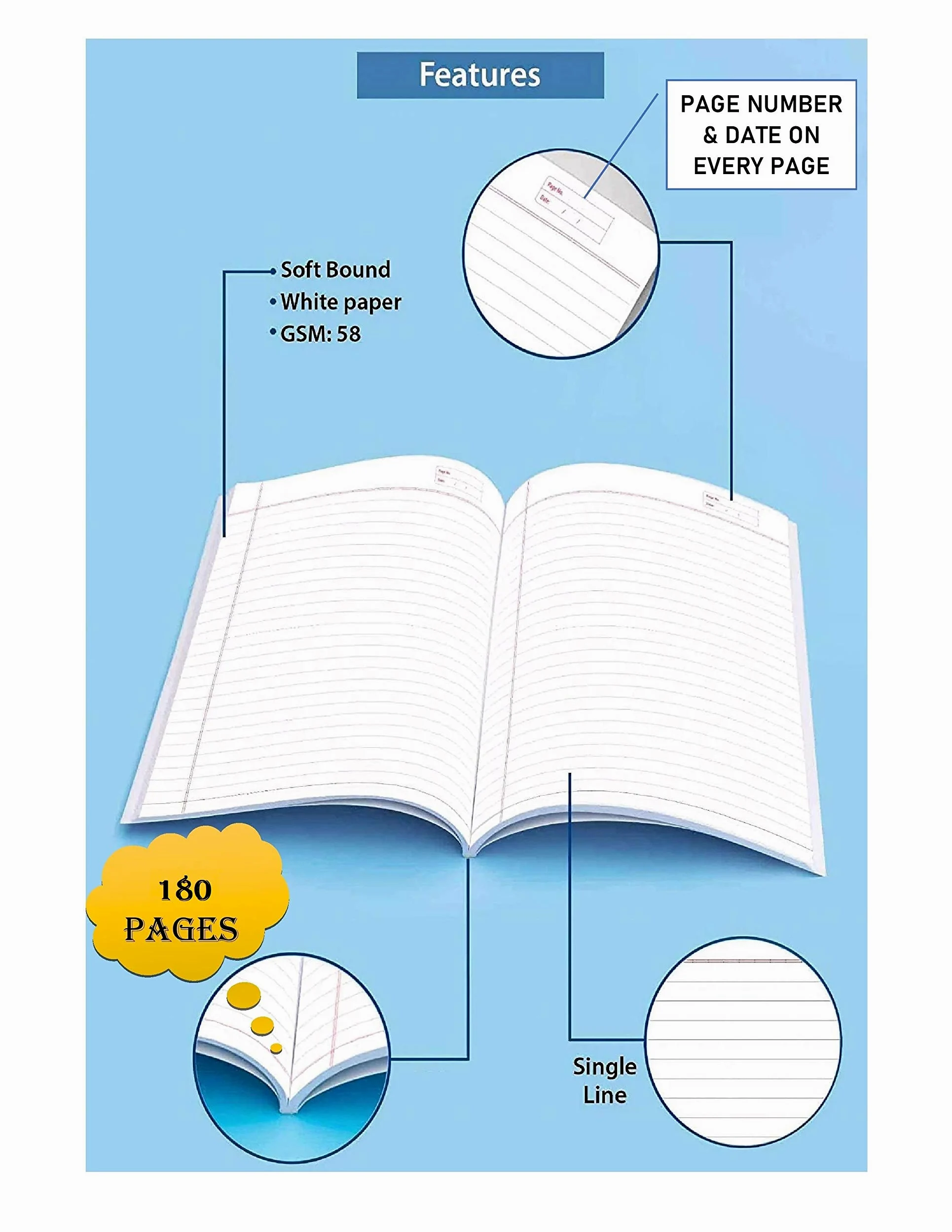 RUSH NOTE BOOKS Quaderni formato A4 - 180 pagine, 29 x 21 cm, copertina morbida, a righe (set da 6)