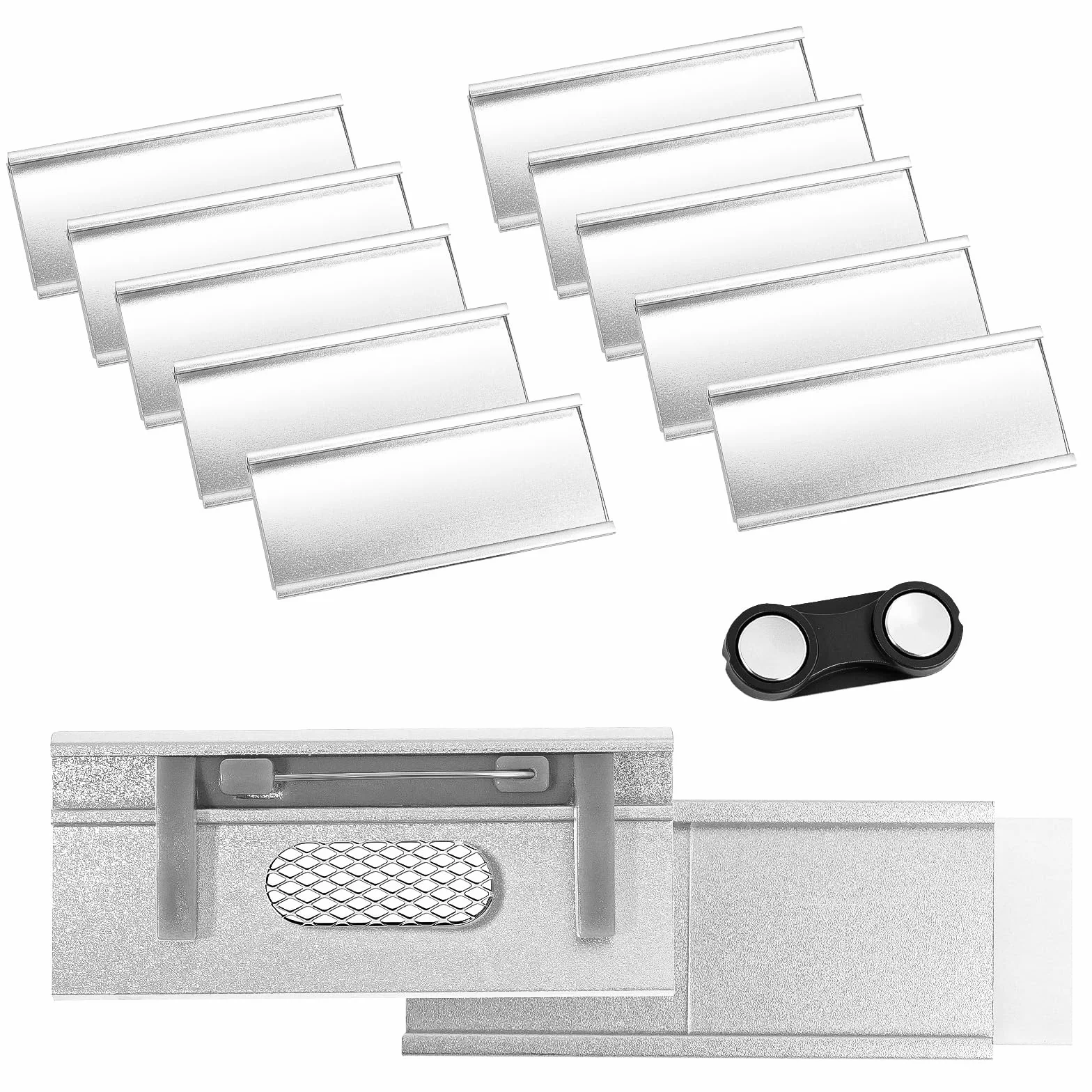 VINATO 10 Pezzi Badge Magnetici in Alluminio per Abbigliamento, Doppio Magnete, 72 x 35 mm