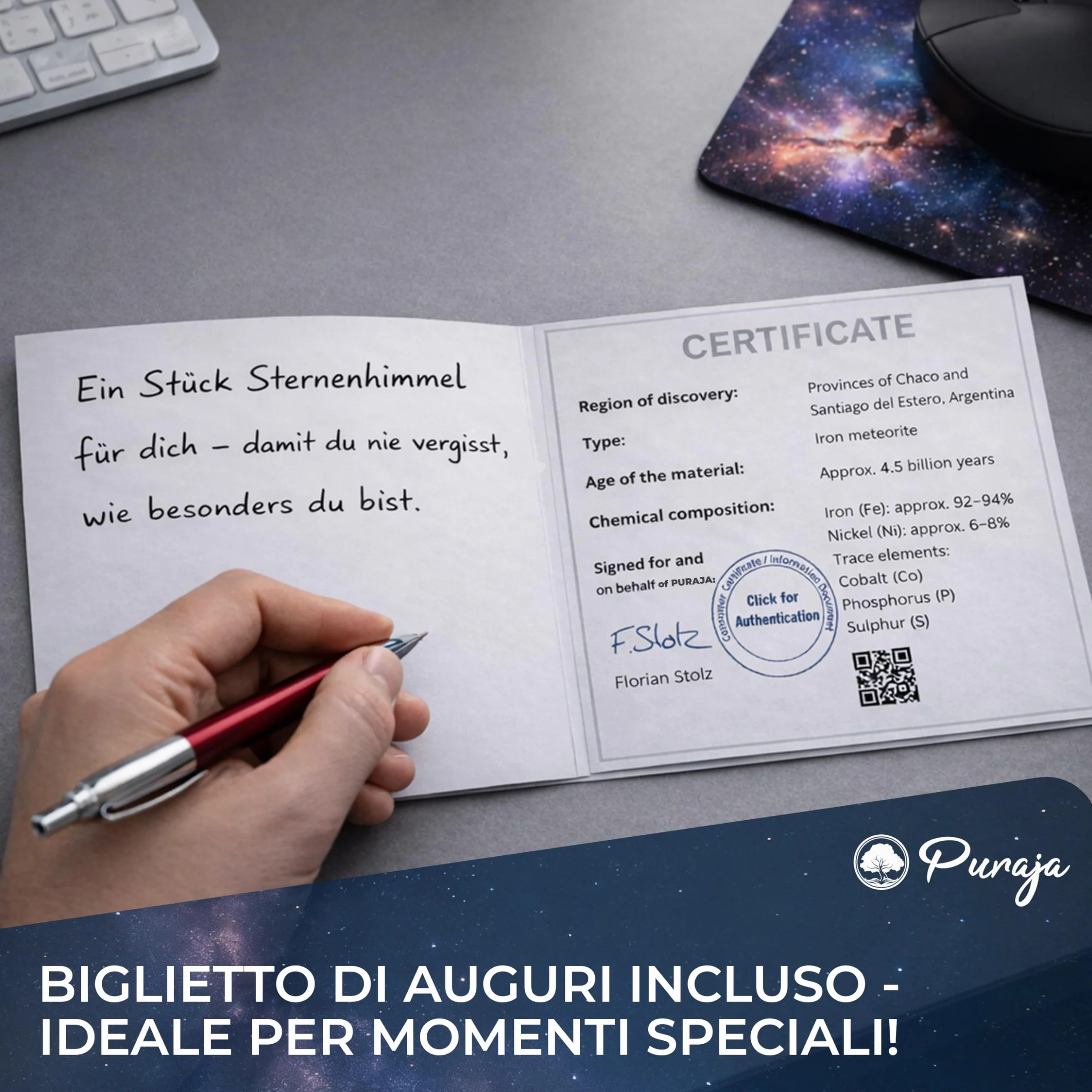 PURAJA Meteorite Vera Stella cadente con Certificato | Regalo per Compleanni, Matrimoni, anniversari | Portafortuna
