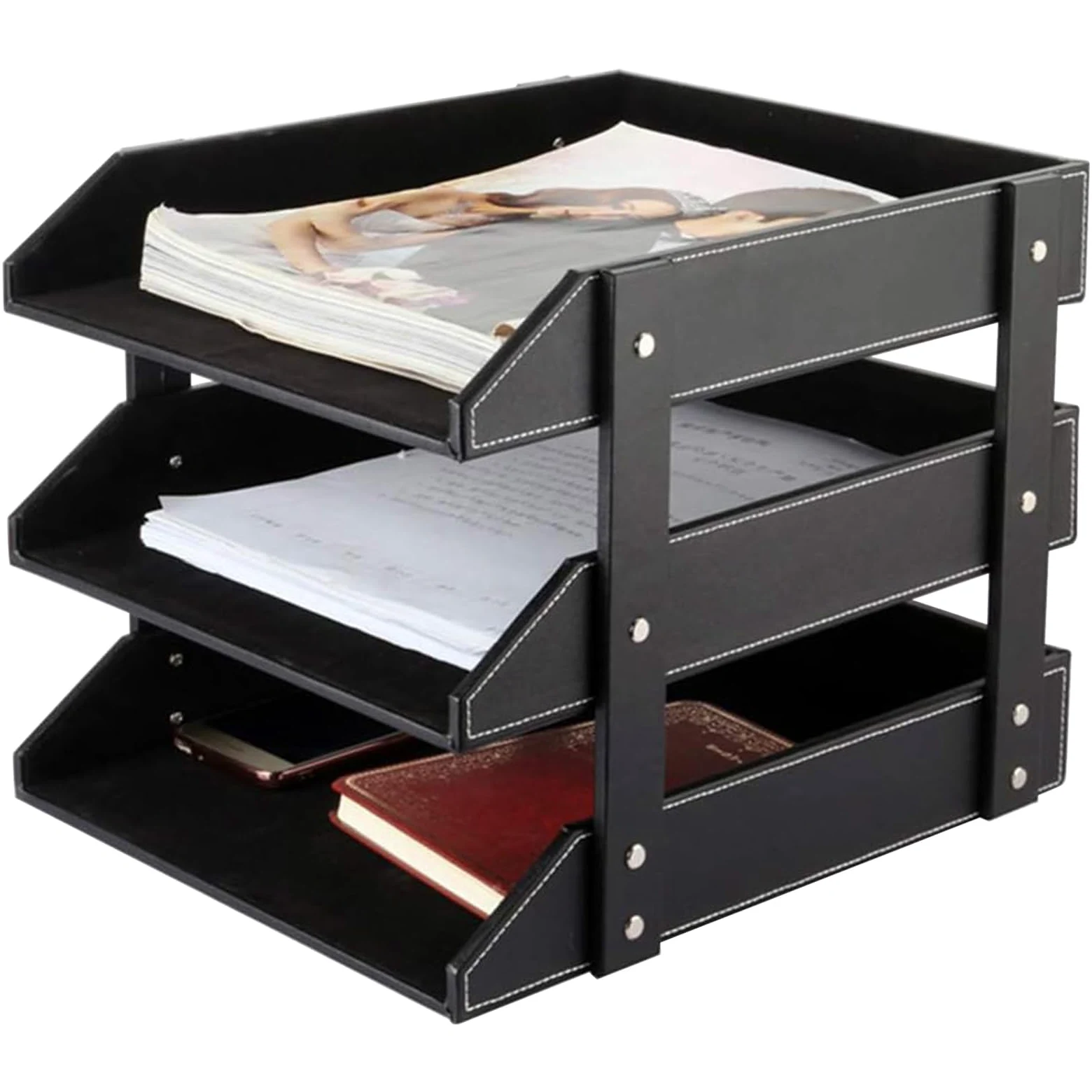 Vassoio porta lettere in pelle, impilabile, organizer per ufficio, per documenti, cancelleria, riviste, giornali, lettere, perfetto per organizzare l'ufficio per scrivania (nero, 3 ripiani)