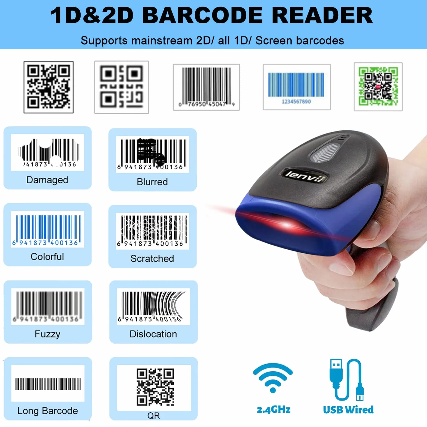 LENVII Lettore Codici a Barre 2D/1D Wireless | Scanner 2 in 1 con Doppia Connessione 2.4GHz/USB | Supporto QR, PDF417, Data Matrix Barcode Scanner | Compatibile con PC, Laptop, Mac e Sistemi POS
