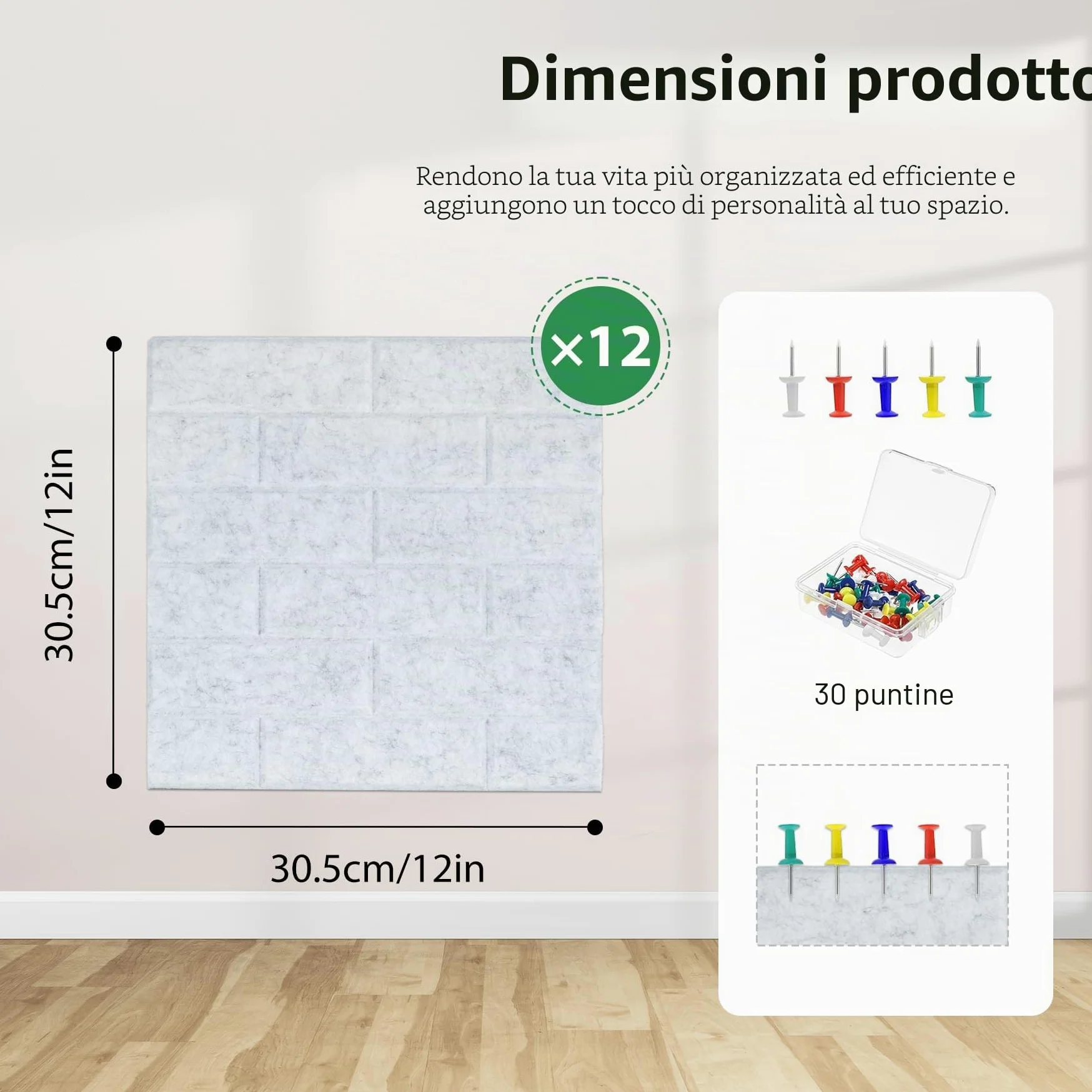 12 lavagne in feltro, autoadesive, 30 x 30 cm, con 30 spille, per appendere foto, bacheca per la casa e l'ufficio, colore grigio chiaro