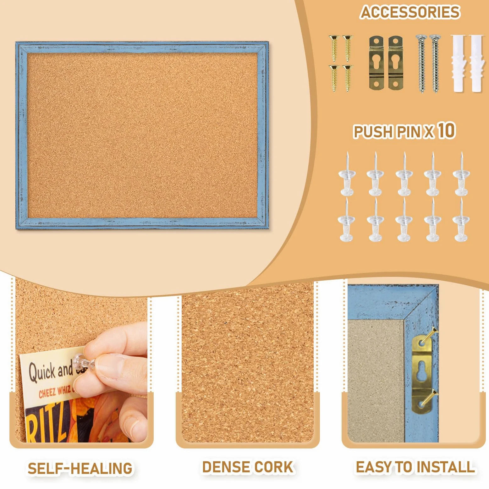 DOLLAR BOSS Bacheca in sughero per pareti, 61 x 45 cm, bacheca decorativa da appendere, cornice in legno, bacheca per avvisi per ufficio e decorazione domestica, blu
