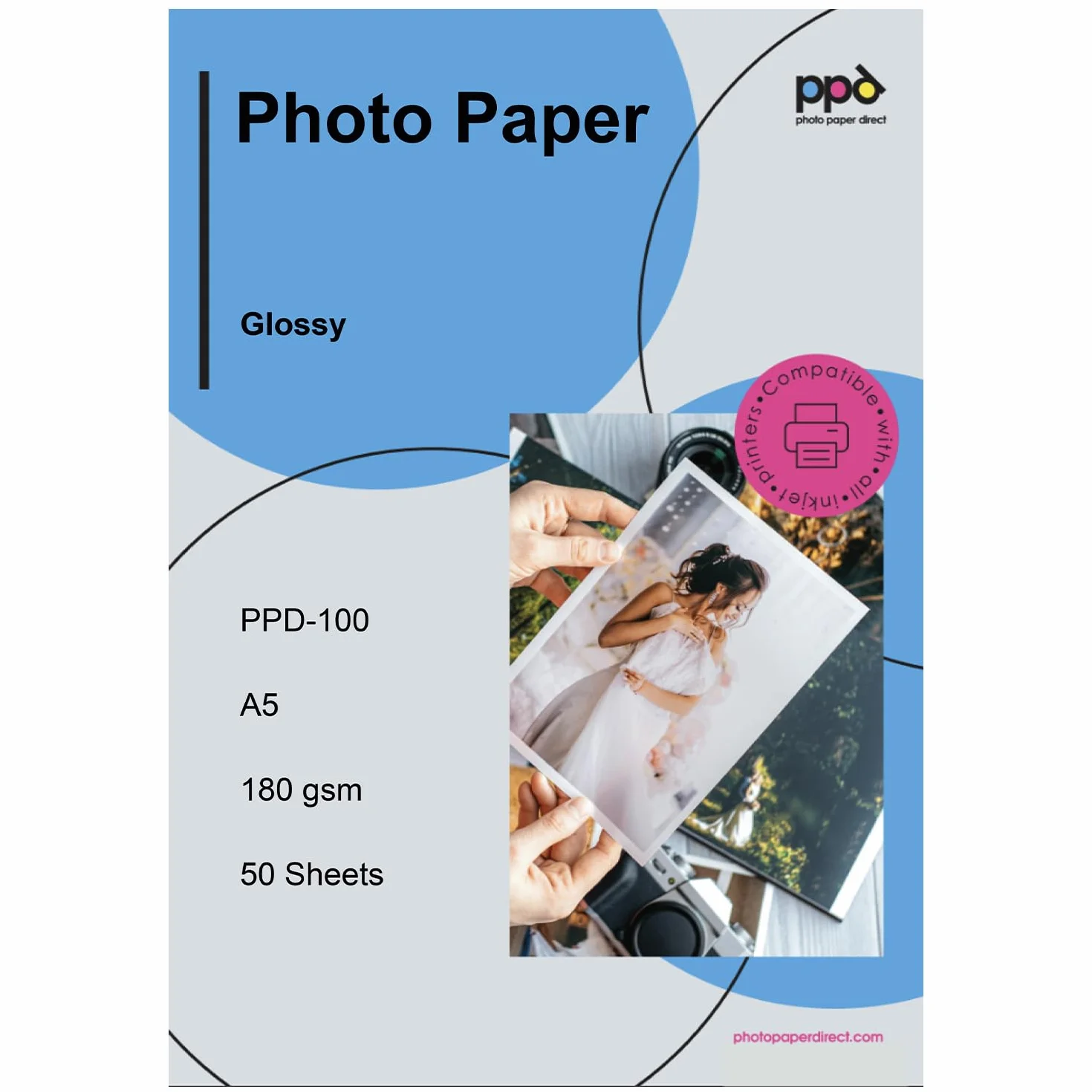 PPD A5 50 Fogli 180g Carta Fotografica Lucida per Stampanti Inkjet