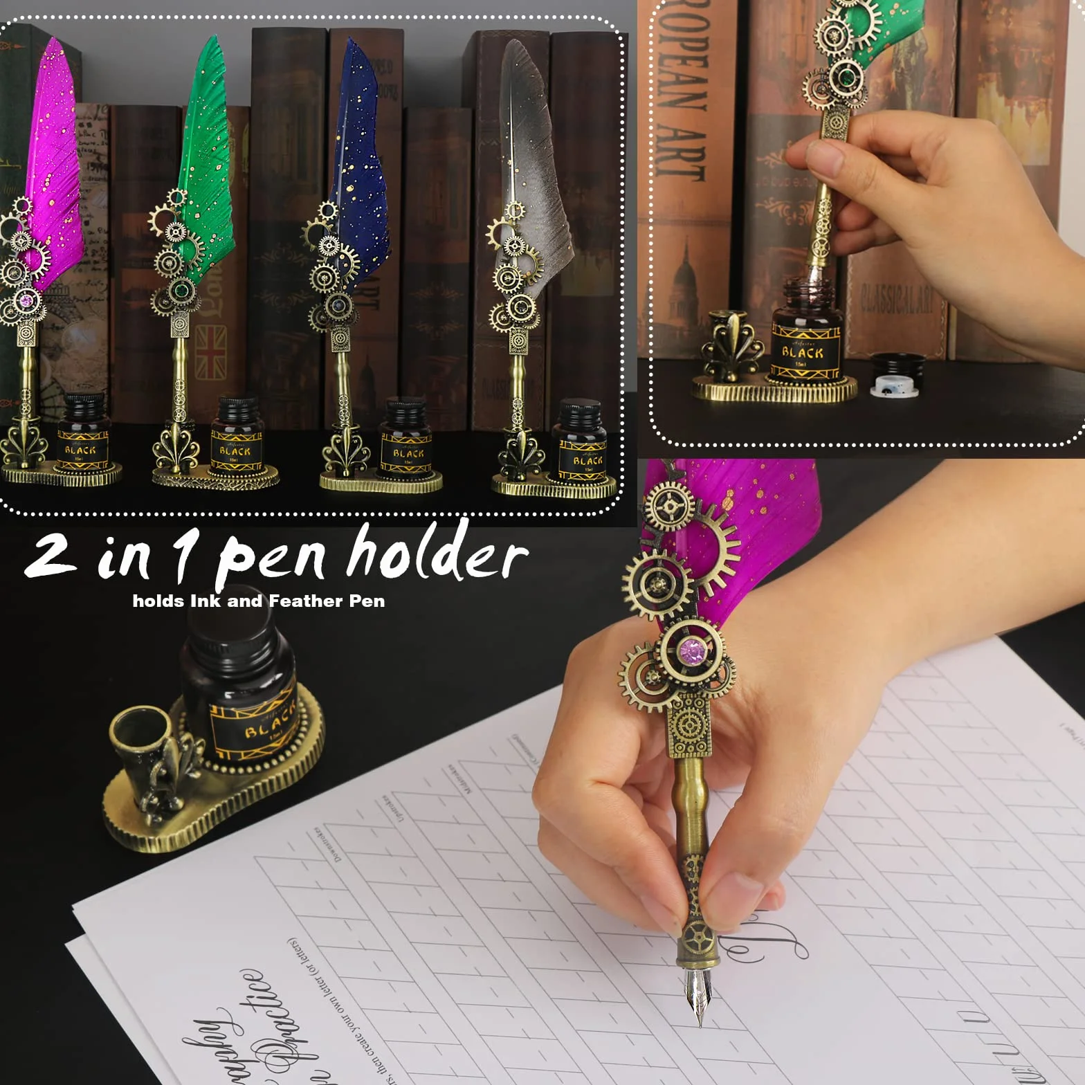Set di penne per calligrafia, include una penna a piuma, 2 flaconi di inchiostro colorato, 2 in un supporto, 4 pennini in acciaio inossidabile, scatola regalo nera-blu