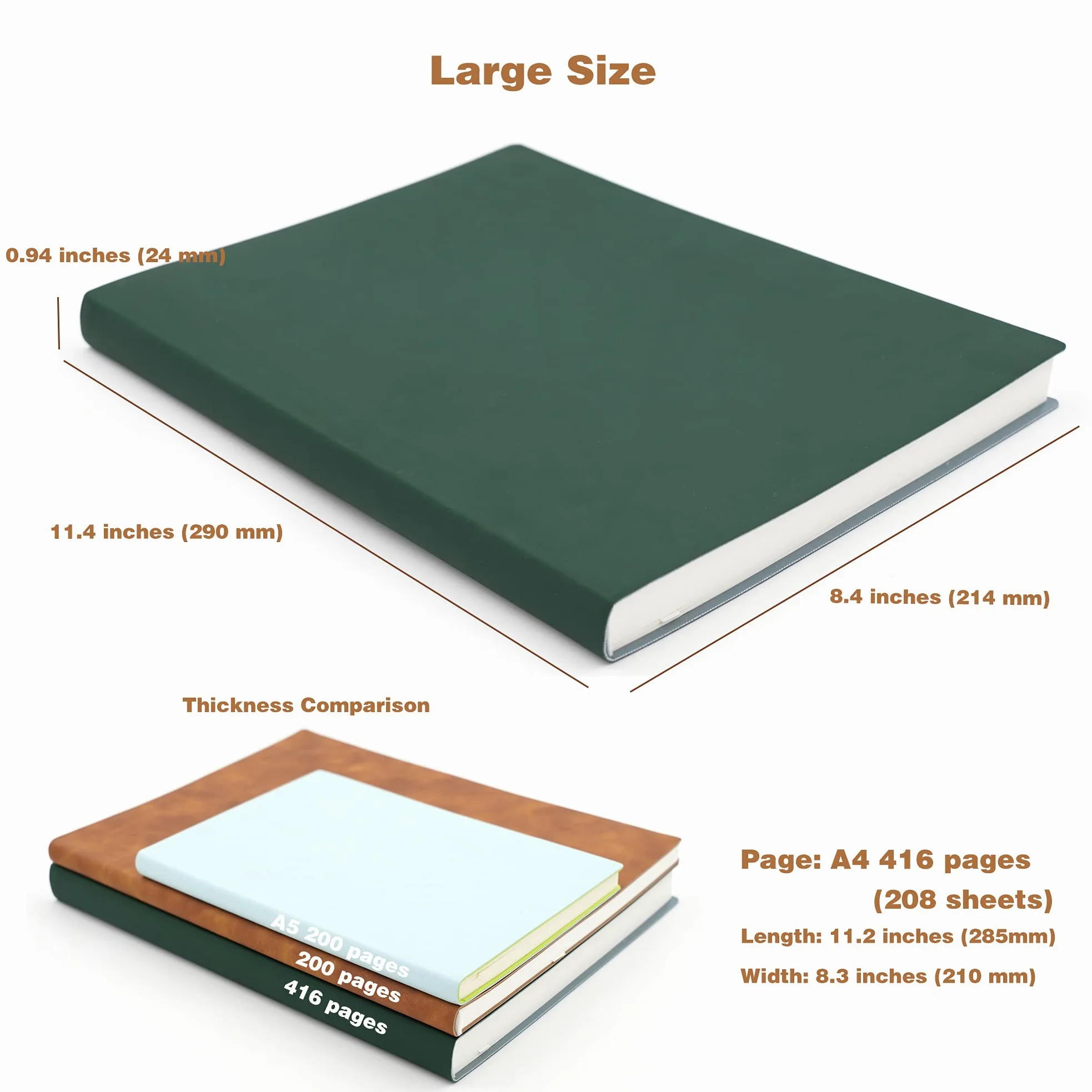 Quaderno grande e spesso, formato A4, 21,3 x 29,0 cm, 416 pagine, copertina in morbida ecopelle (verde, a righe)