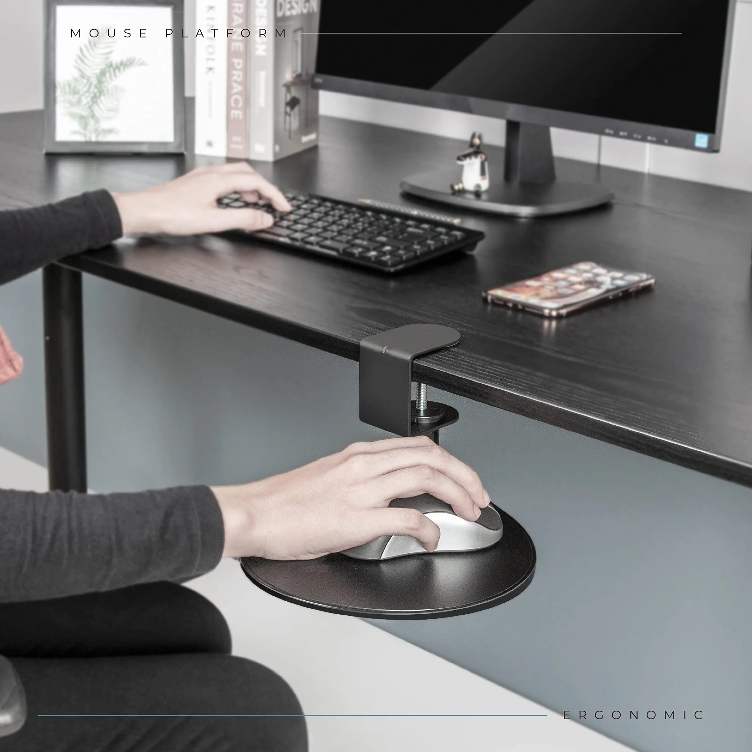EHO Morsetto sulla piattaforma del mouse, clip on pad rotante a 360 gradi, supporto ergonomico per mouse, tappetino per mouse, vassoio estraibile, adatto per scrivania di spessore 3,8 cm, per