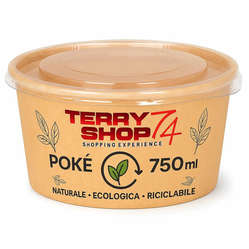 Set da 4 Insalatiere per Poké da 750 ml con Coperchio Trasparente – Ciotole in Carta Kraft Resistenti e Riciclabili