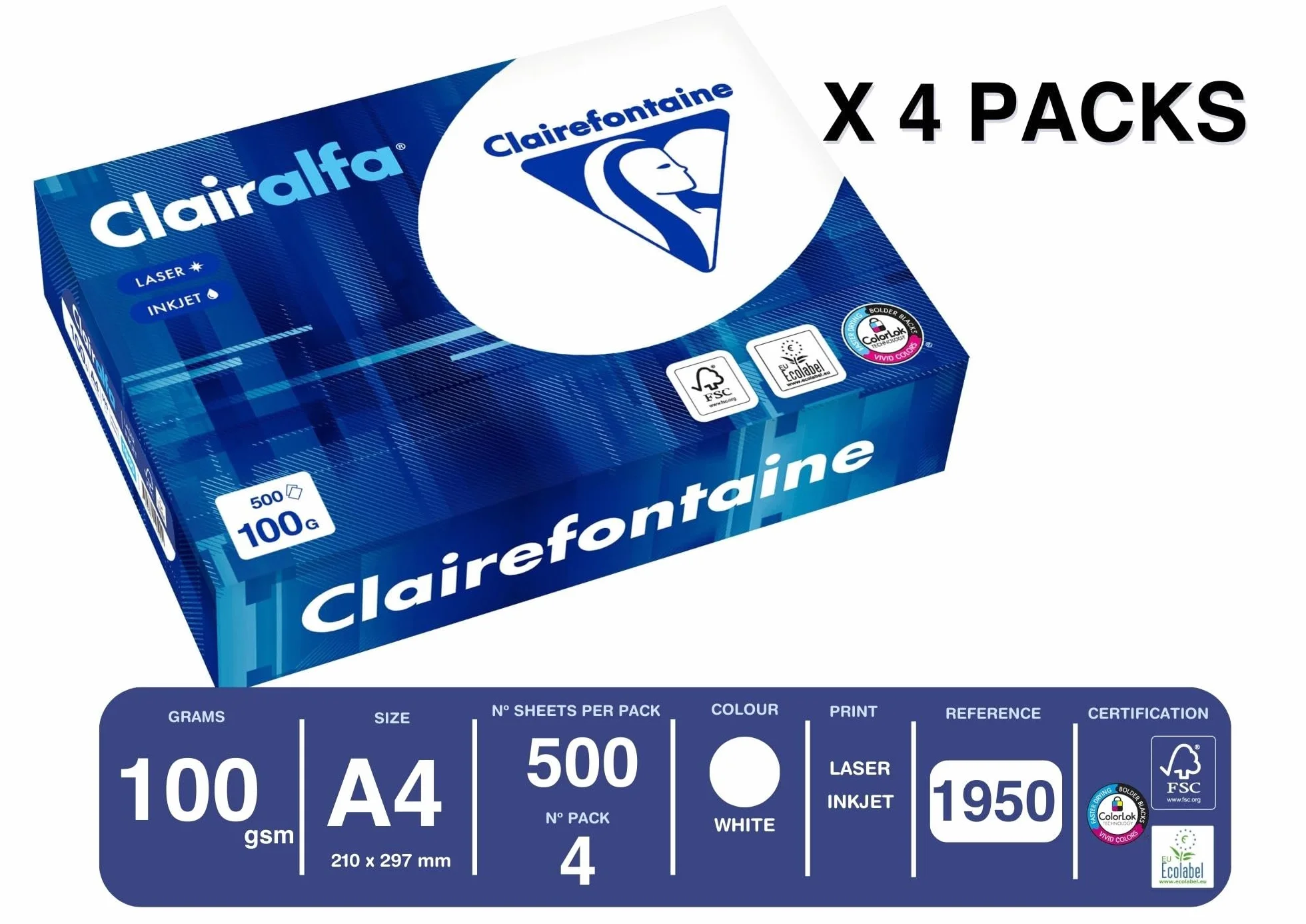 Clairefontaine Clairalfa 1950C 2000 fogli di carta bianca formato A4, 100 g al m2, confezione con 4 risme da 500 fogli, colore: bianco (171 CIE)