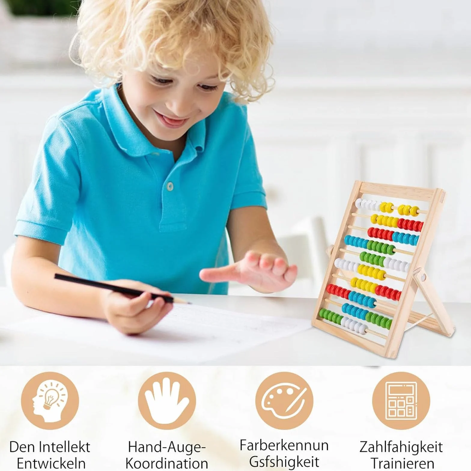 Pallottoliere per Bambini Legno con 100 Perline Multicolori, Abaco Scuola Primaria, Pallottoliere per Bambini, Abaco Legno Calcolatrice, Pallottolieri di Legno, Abaco di Montessori