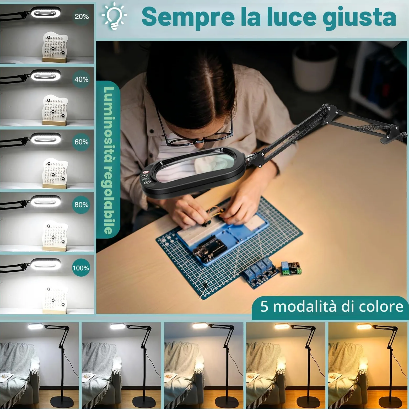 Lente d'ingrandimento 10X con luce e supporto, lampada da terra con lente d'ingrandimento 3 in 1, 5 modalità di colore, lampada con lente d'ingrandimento dimmerabile per pittura e cucito.