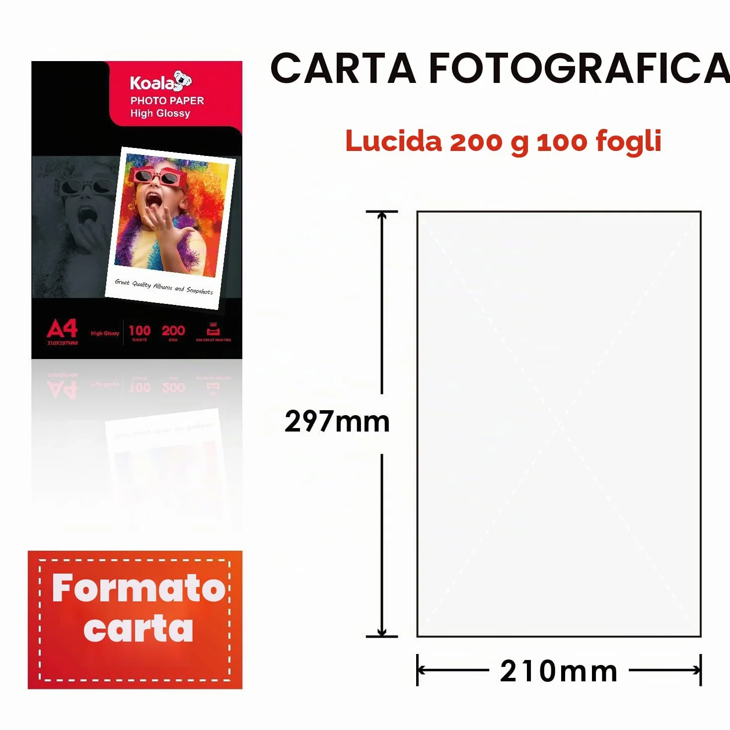 KOALA Carta fotografica lucida A4 200g/m² 100 fogli per stampante a getto d'inchiostro Canon HP Epson