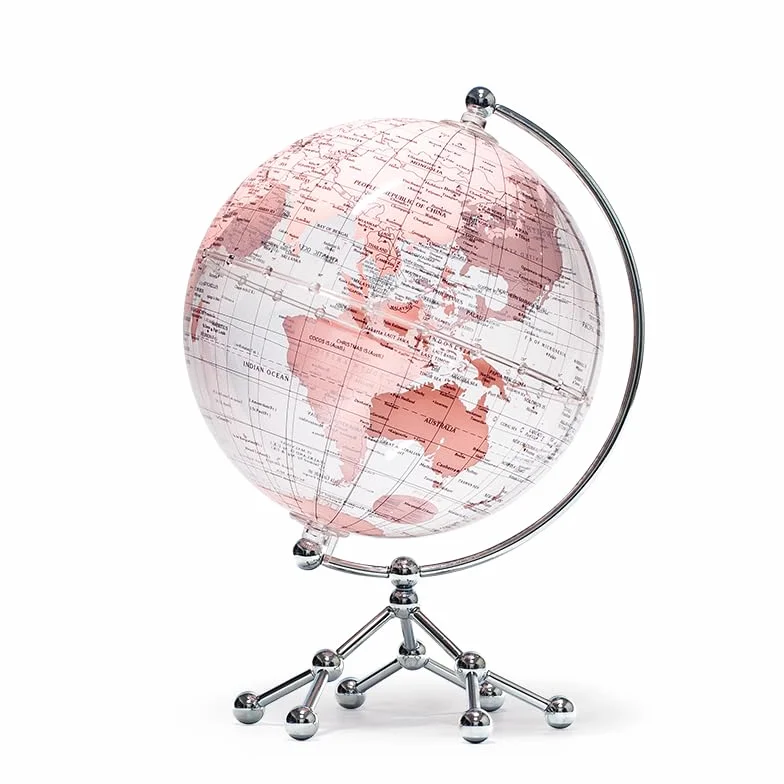 Globo Mappamondo con Luce Touch Light - Globo da 20 CM Trasparente Base in Metallo – Lampada da Tavolo Decorativa per Casa, Ufficio, Scuola – Rotazione 360° – Idea Educativa (Rosa - Luce Calda)