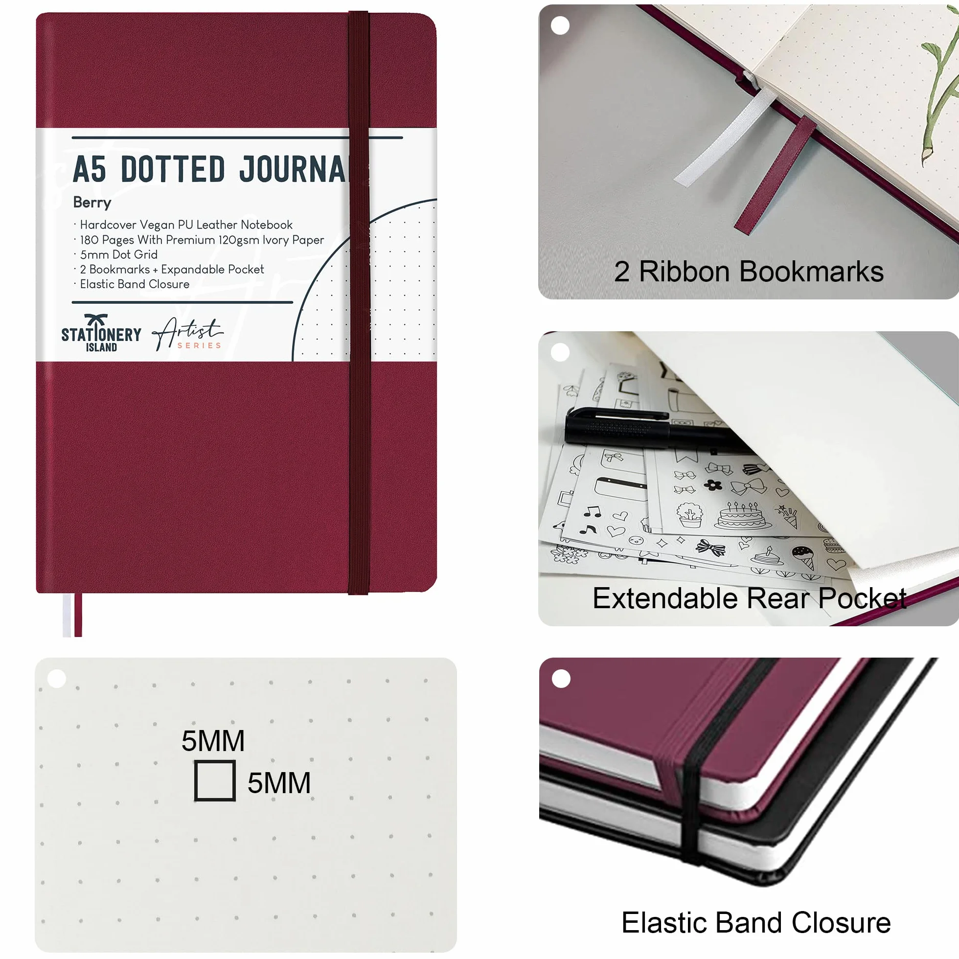 STATIONERY ISLAND Quaderni a Quadretti A5 Bullet Journal Puntinato 180 Pagine Taccuino 120gsm