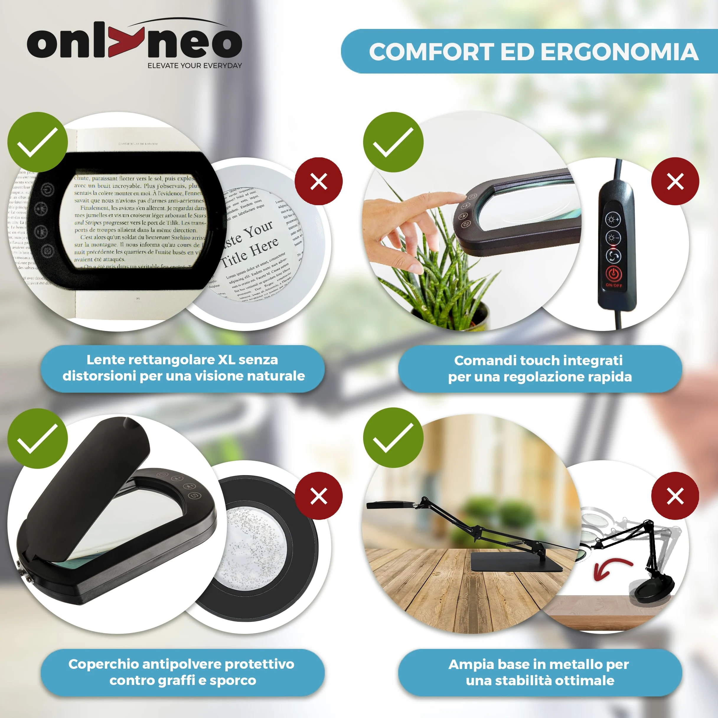 Lampada con Lente Ingrandimento 10X LED Rettangolare Morsetto Base | In vero vetro ottico e robusta struttura in metallo. Per modellismo, lettura, ricamo, estetista, pittura miniature e cucito.