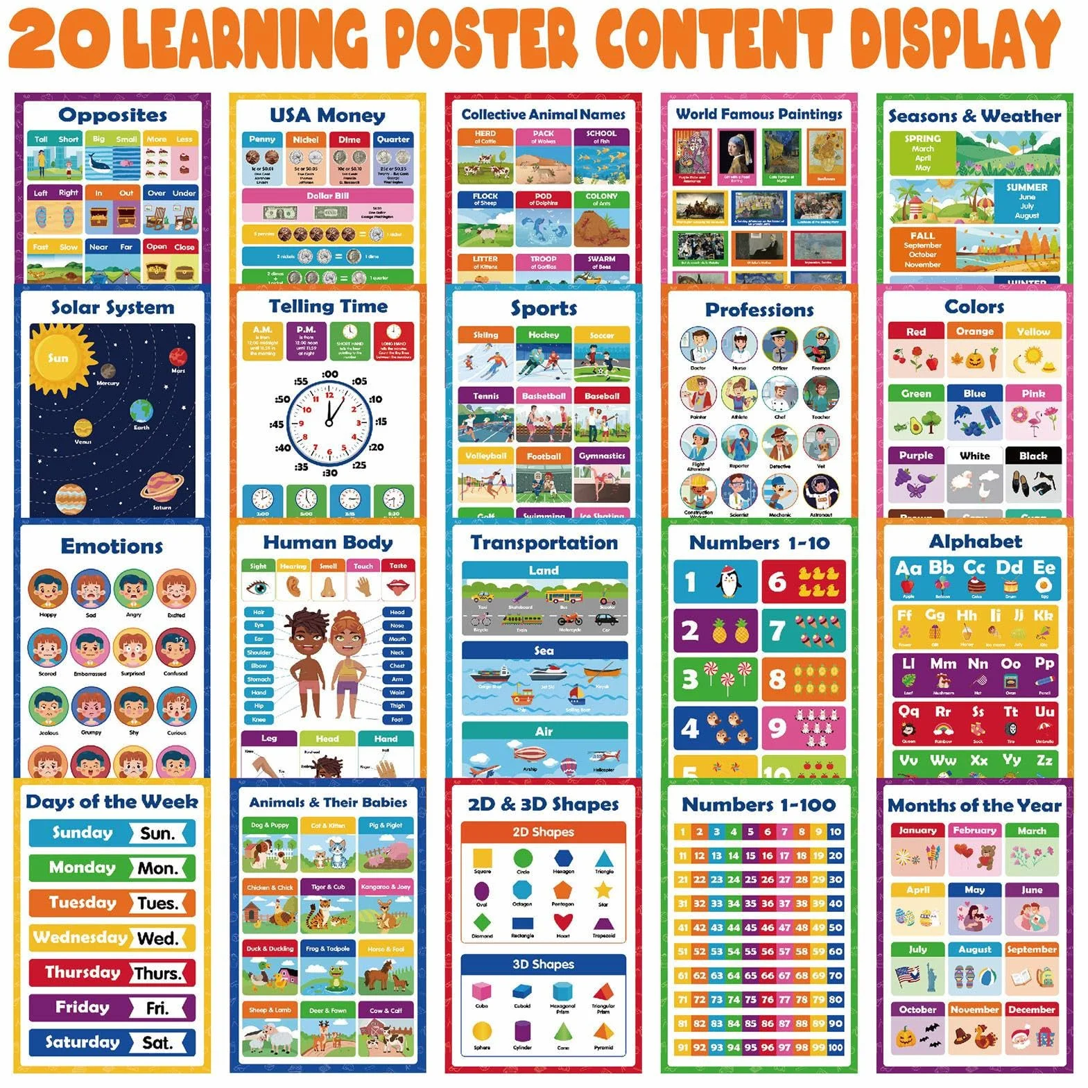 Poster educativi 20 fogli apprendimento interattivi riutilizzabili 42x28cm carta colori vivaci aula scuola materna