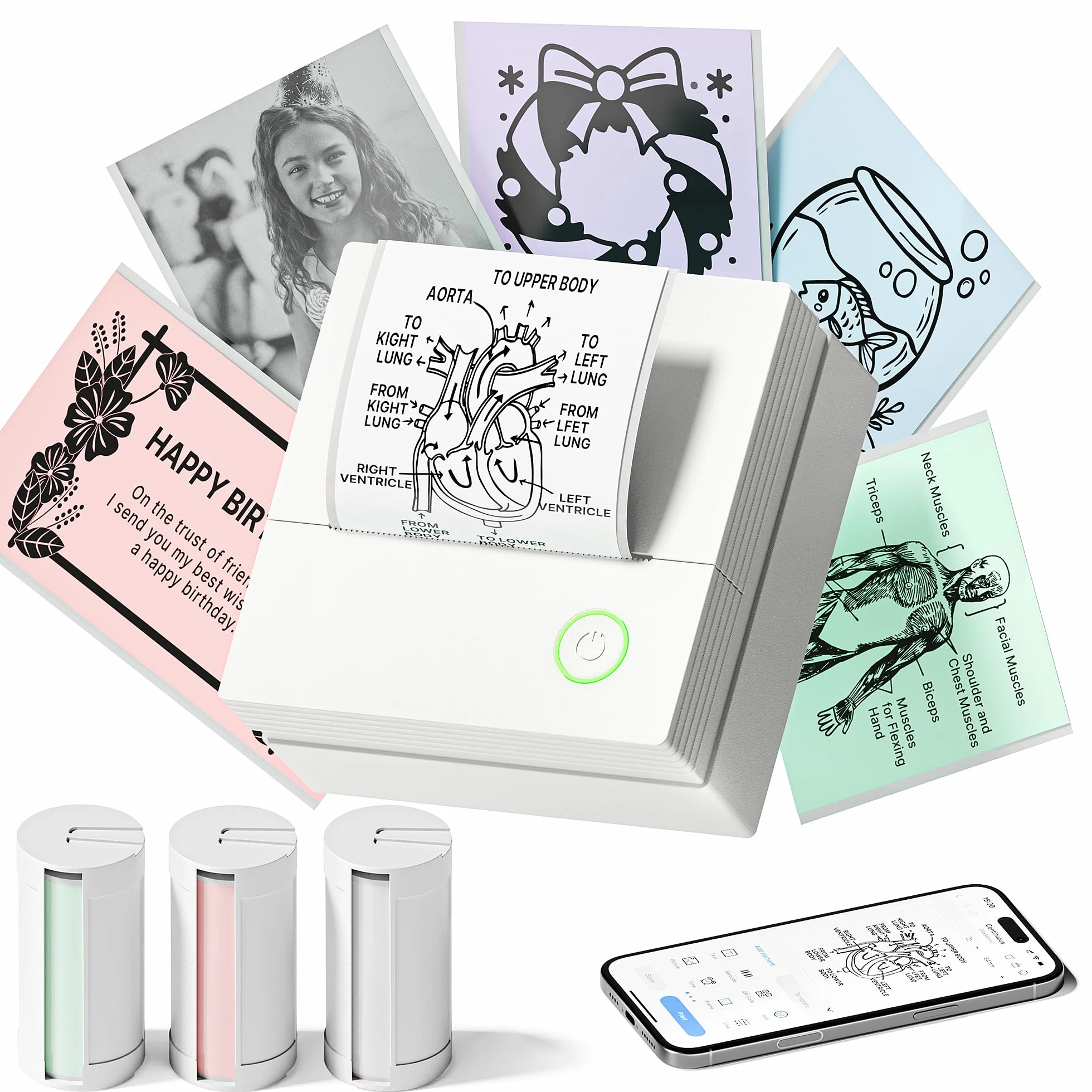 PM290 Mini stampante per smartphone, stampante termica Bluetooth, mini con 3 rotoli di carta, mini stampante per appunti di studio, diari, regali fai da te, scuola, ufficio, bianco, 1