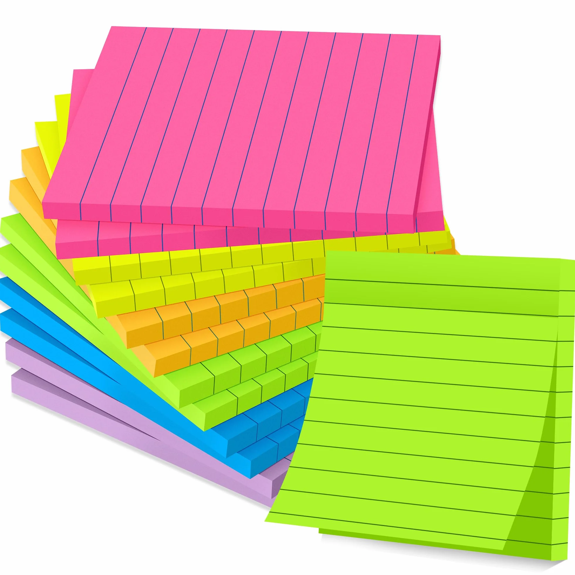 12 blocchetti di foglietti adesivi foderati da 10,2 x 10,2 cm, 6 colori vivaci con linee autoadesive, forte adesivo, 46 fogli/blocchetto, 552 fogli in totale