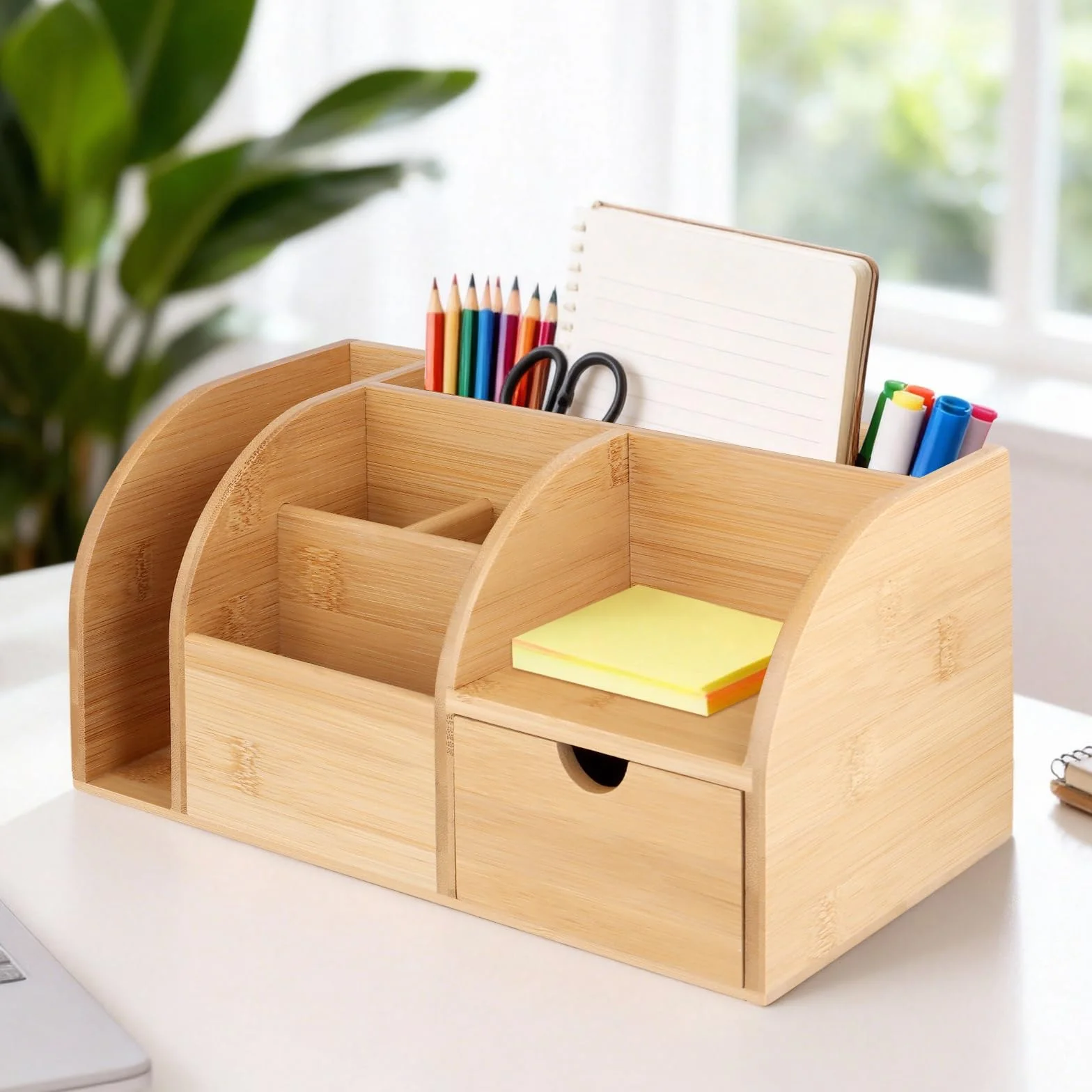 Organizzatore da Scrivania in Legno Naturale, 26 x 15 x 14 cm, Portapenne e Portaoggetti per Ufficio e Casa