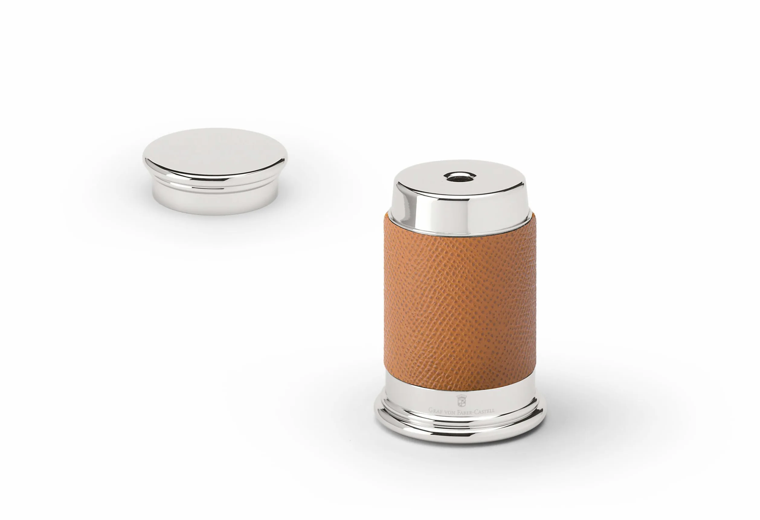 Graf von Faber-Castell - Temperamatite con contenitore Epsom color cognac | Elegante temperamatite in scatola con pelle di vitello italiana, parti metalliche platinate e lama sostituibile