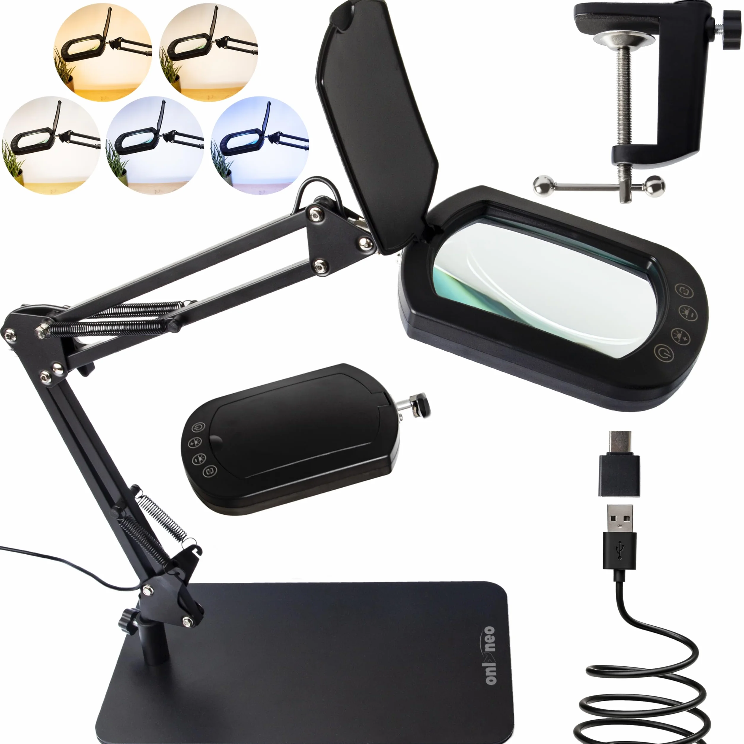Lampada con Lente Ingrandimento 10X LED Rettangolare Morsetto Base | In vero vetro ottico e robusta struttura in metallo. Per modellismo, lettura, ricamo, estetista, pittura miniature e cucito.