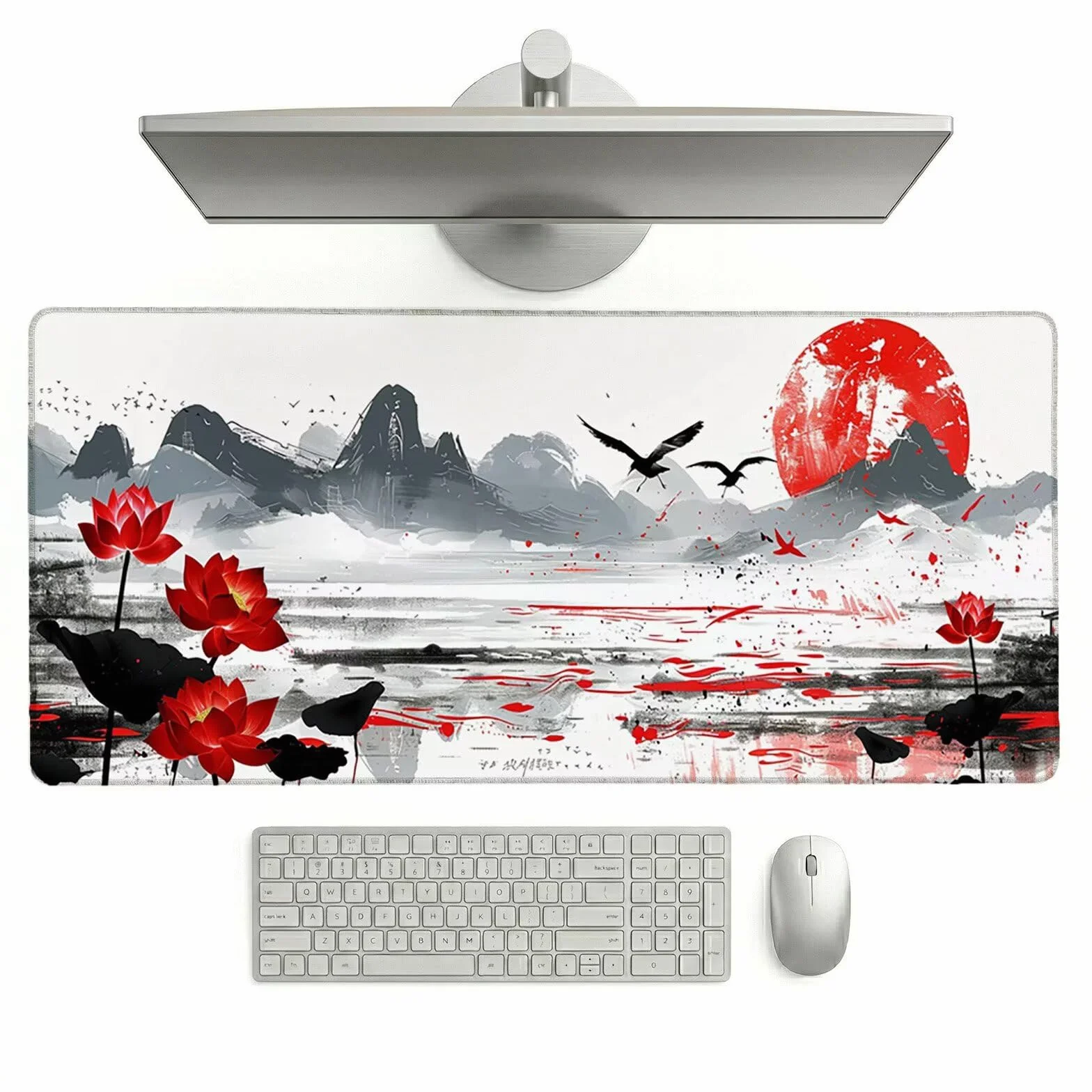 Sottomano Scrivania Grande 1200 x 600 x 3 mm Stile Giapponese Tappetino Tastiera Computer con Base Antiscivolo e Bordi Cuciti, Protezione Impermeabile, per Lavoro/Casa/PC Gamer, Regali (Loto) L-x6642