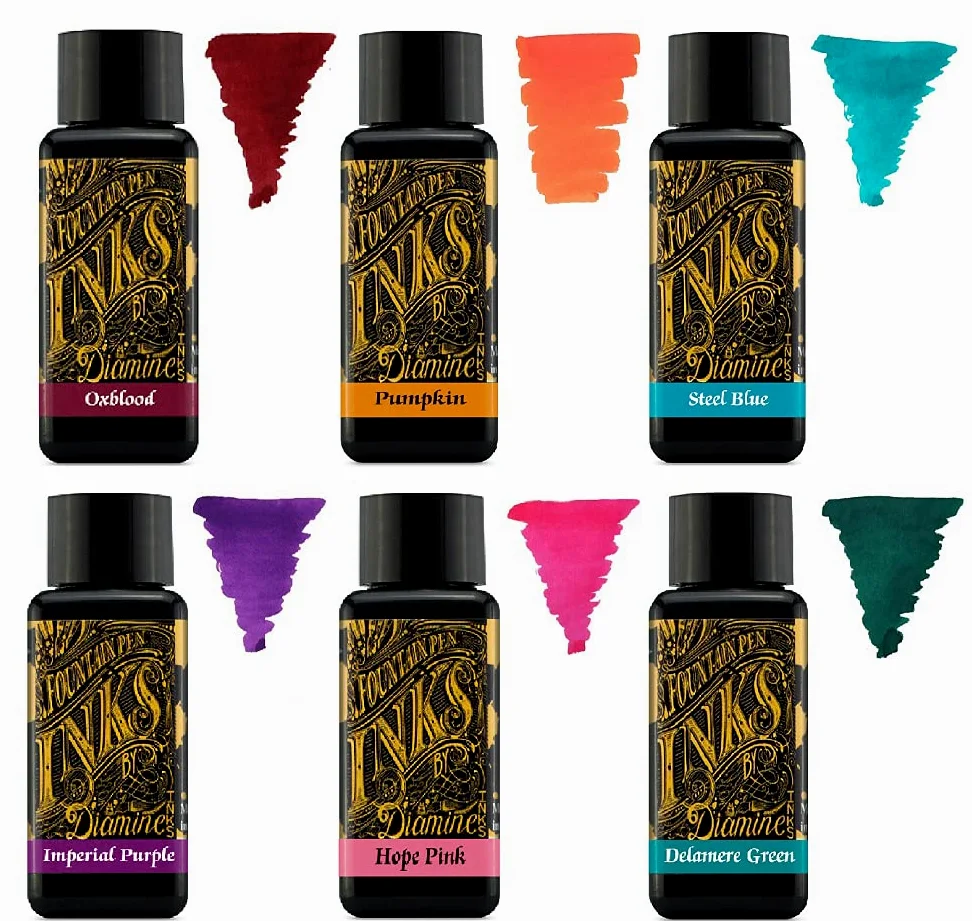 Diamine - Penna stilografica da 30 ml, con ruota colorata, 6 flaconi di Oxblood, zucca, blu acciaio, viola imperiale, rosa speranza, verde delamere