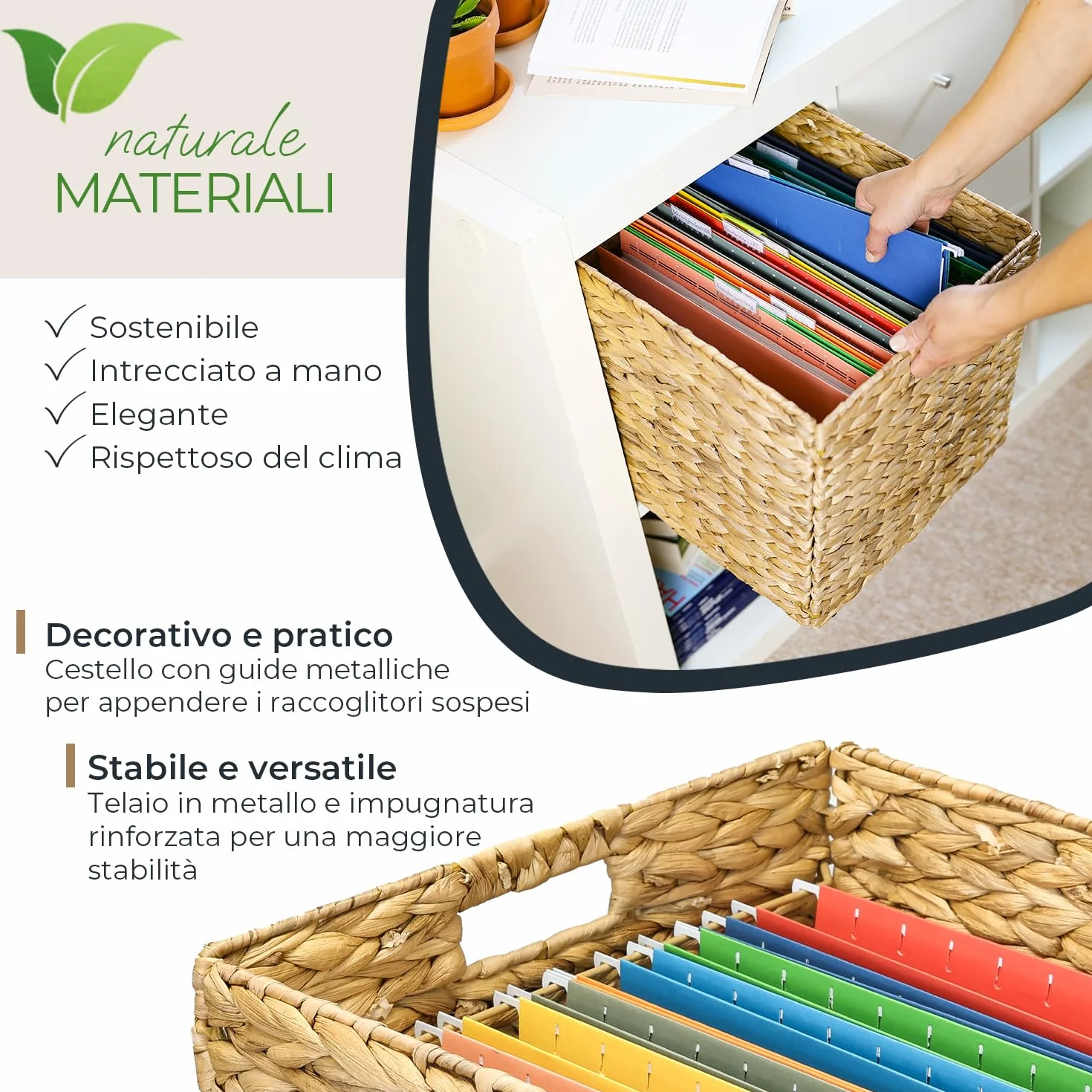 HMF Cesto portaoggetti per cartelle sospese DIN A4 compatibile con scaffale KALLAX, cesto intrecciato in giacinto d’acqua con maniglie | 33 x 38 x 32 cm | naturale