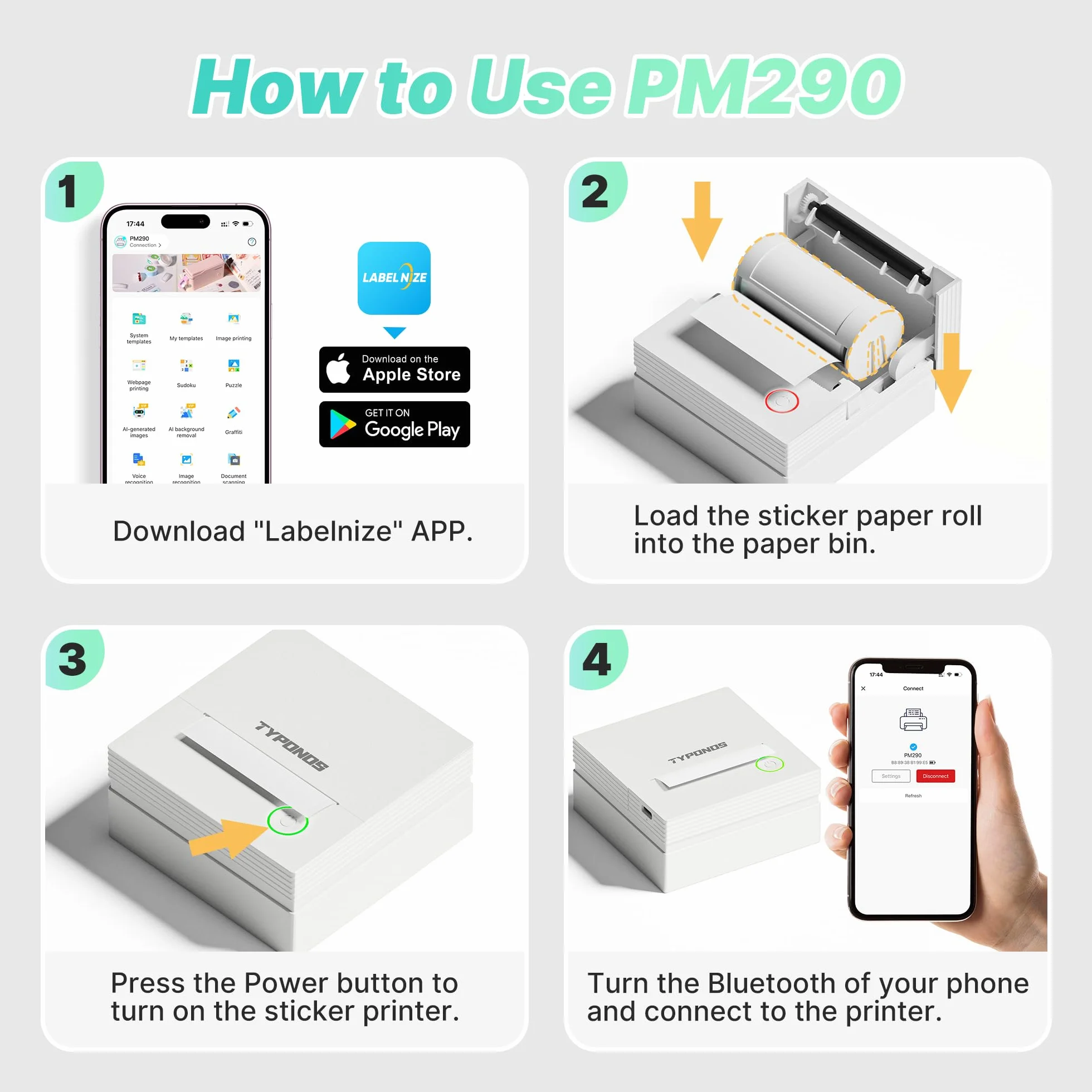 PM290 Mini stampante per smartphone, stampante termica Bluetooth, mini con 3 rotoli di carta, mini stampante per appunti di studio, diari, regali fai da te, scuola, ufficio, bianco, 1