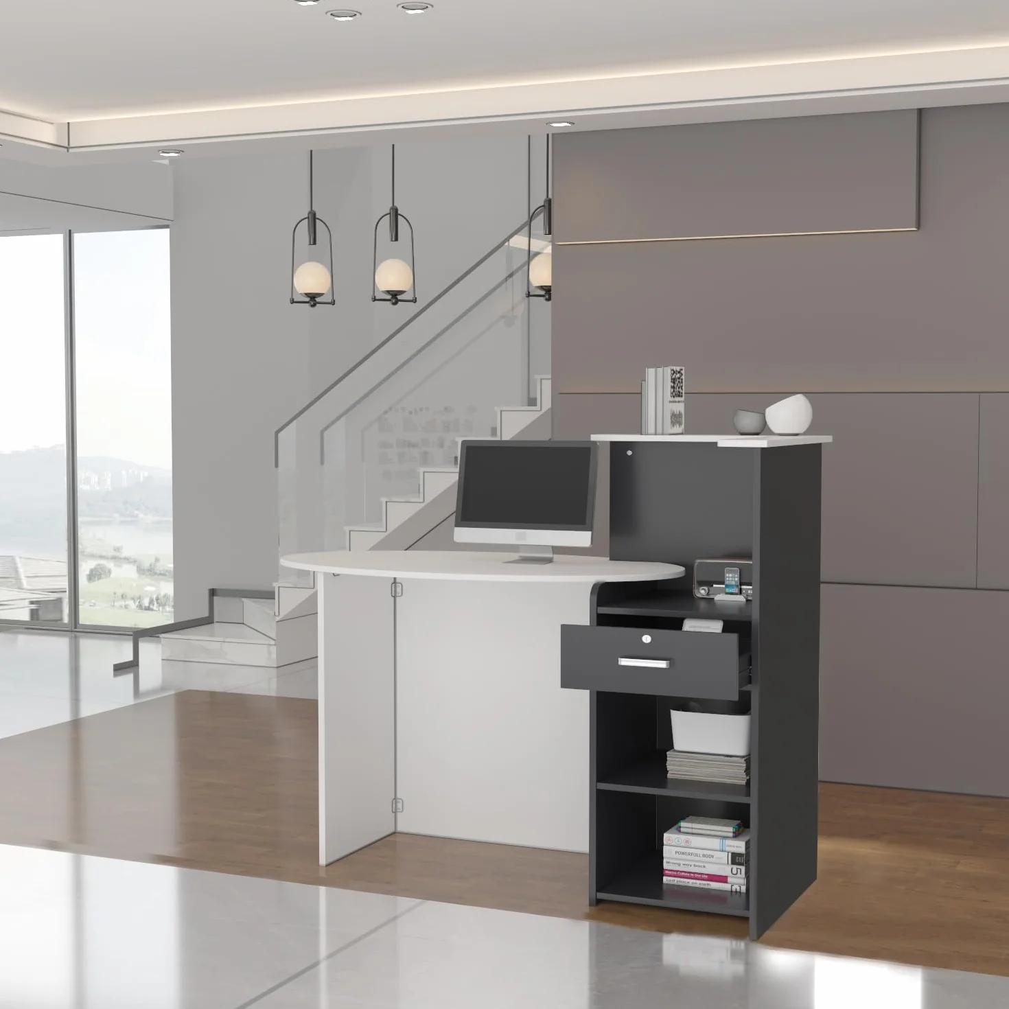 Banco reception,reception tavolo bancone, Banco reception con ripiano aperto e 1 cassetto con serratura, banco reception ufficio bancone, MDF, 40 x 121 x 110cm, Bianco, Grigio Scuro