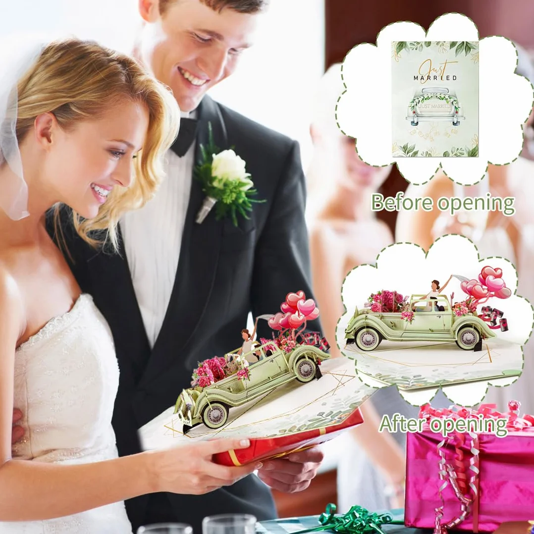 Biglietto Pop-Up 3D Auto Just Married per Matrimonio, Elegante Regalo Denaro per Nozze