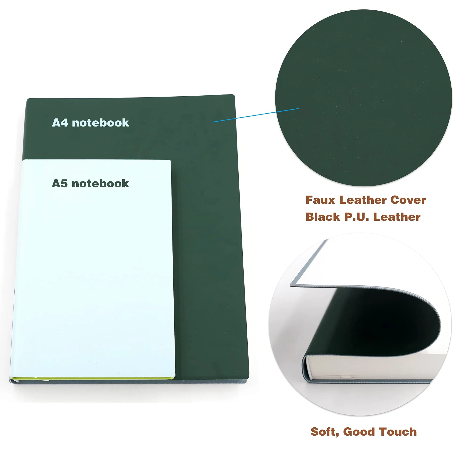 Quaderno grande e spesso, formato A4, 21,3 x 29,0 cm, 416 pagine, copertina in morbida ecopelle (verde, a righe)