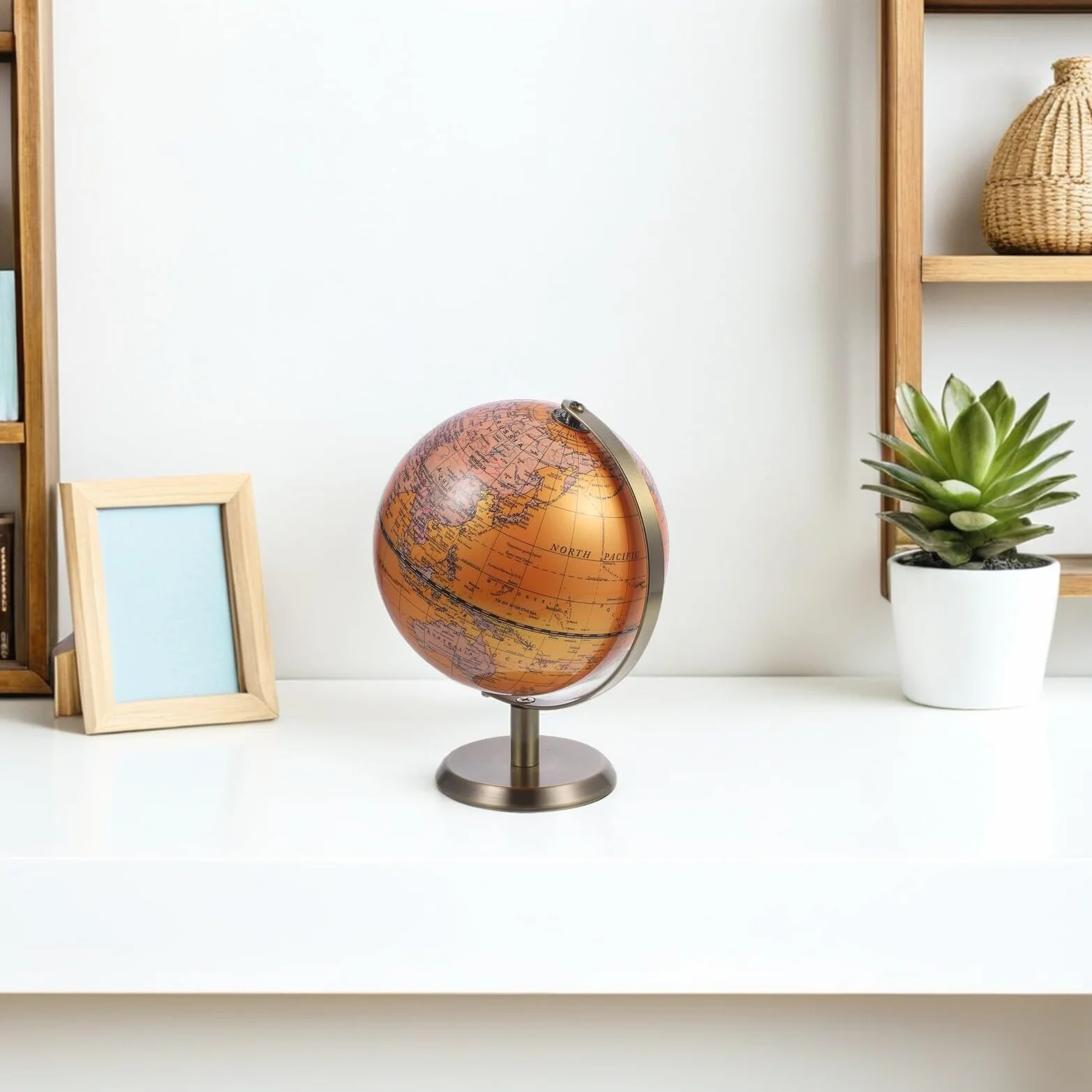 Mappamondo da Scrivania Decorativo in ABS e Metallo 14 CM con Etichette in Inglese Globo per Ufficio e Aula Scolastica Ornamento Educativo per Studio e Soggiorno