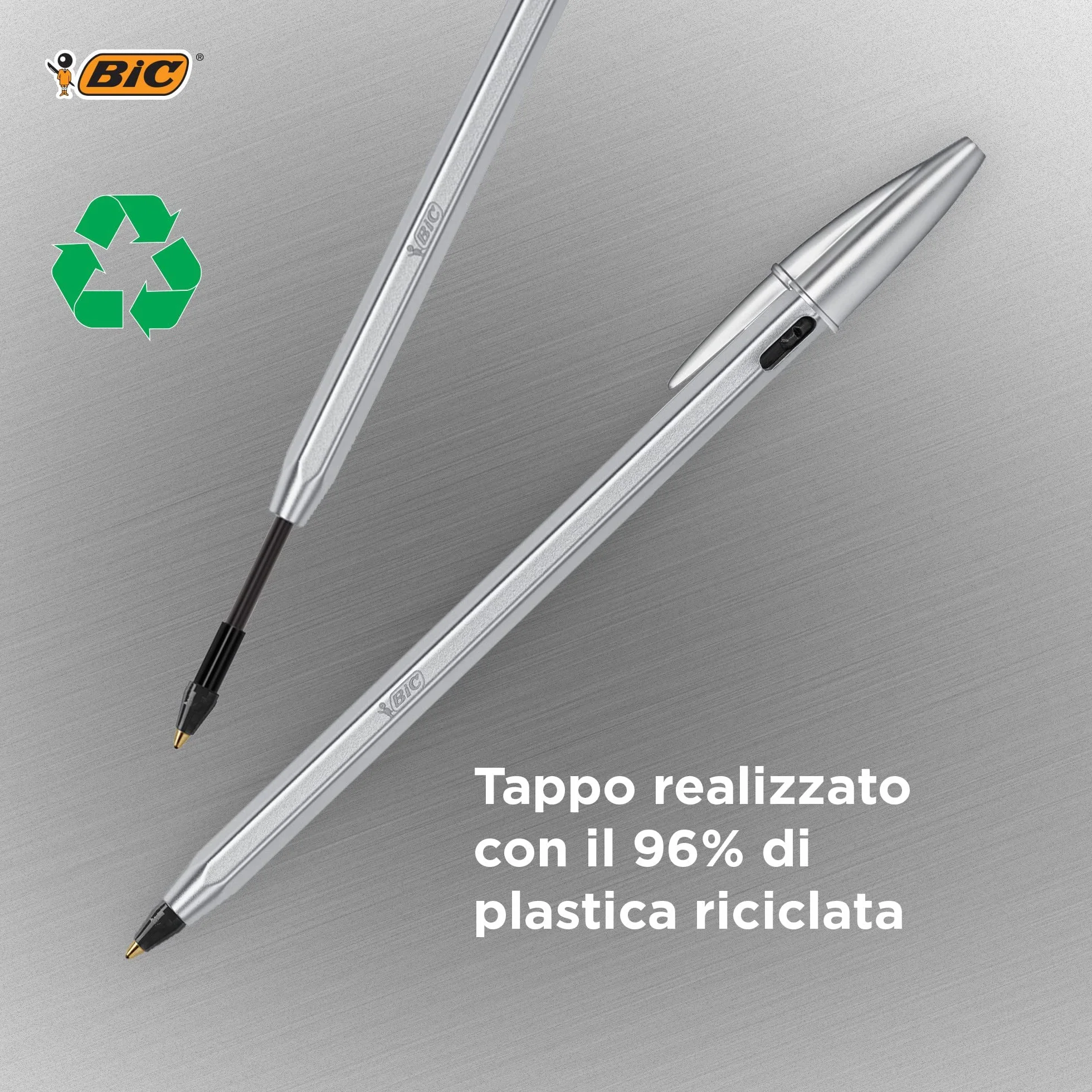BIC Cristal Re'New Gift Box, Penna a Sfera Ricaricabile in Metallo, Blu e Nero, 2 Penne + 4 Ricariche