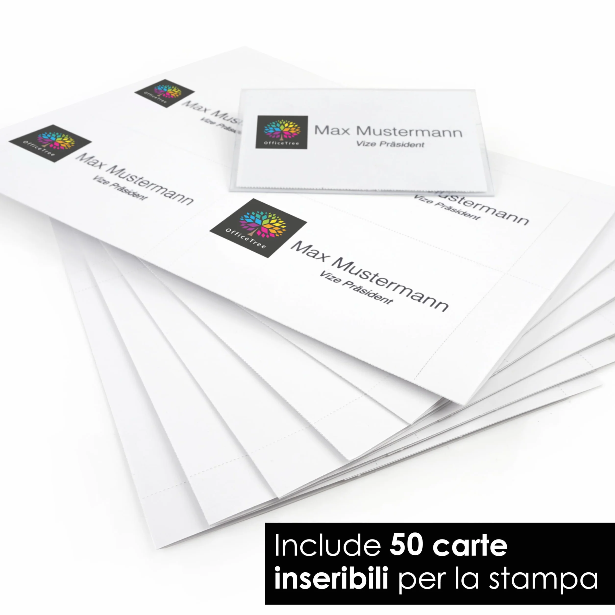 OfficeTree Badge Portanome con Clip e Spilla Integrate - 50 Biglietti da Stampare - Porta Badge Trasparente