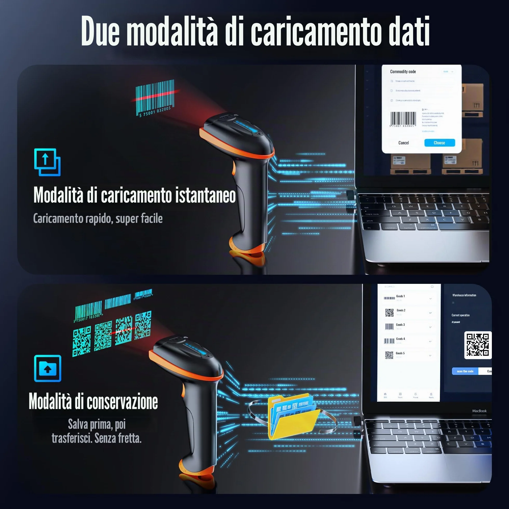 Tera Lettore di codici a barre 1D 2D QR senza fili 2,4 GHz + cavo USB 2,0, lettore di codici a barre con supporto, risoluzione 5 mil, portata 100 m, D5100.
