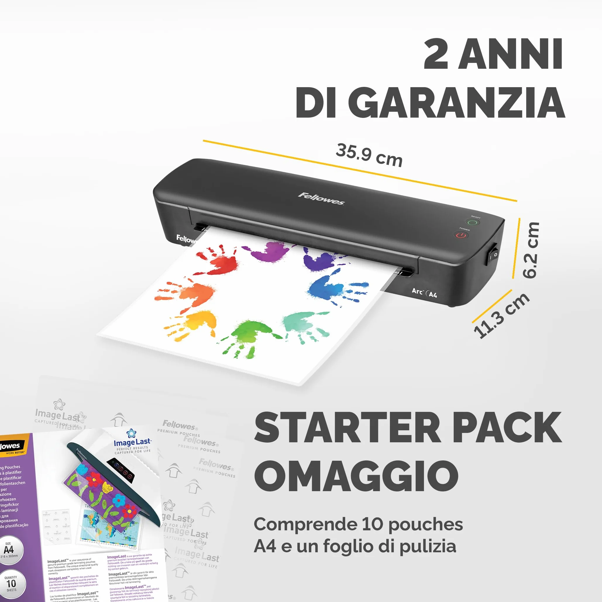 Plastificatrice Fellowes Arc A4, per laminazione a caldo di buste fino a 80 micron, leva antiinceppamento, hobby creativi, 30 cm/min, 4570001