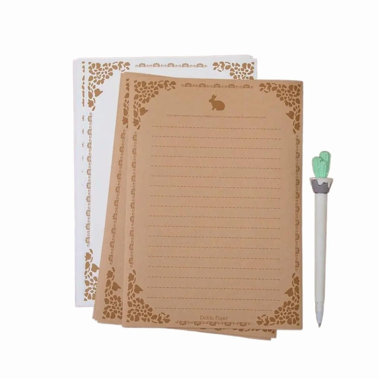 Carta Da Lettere Elegante Design floreale vintage da 100 pezzi | Set di carta da lettere Kraft in carta intestata, materiale scolastico for ufficio, carta da lettere di cancelleria(10)