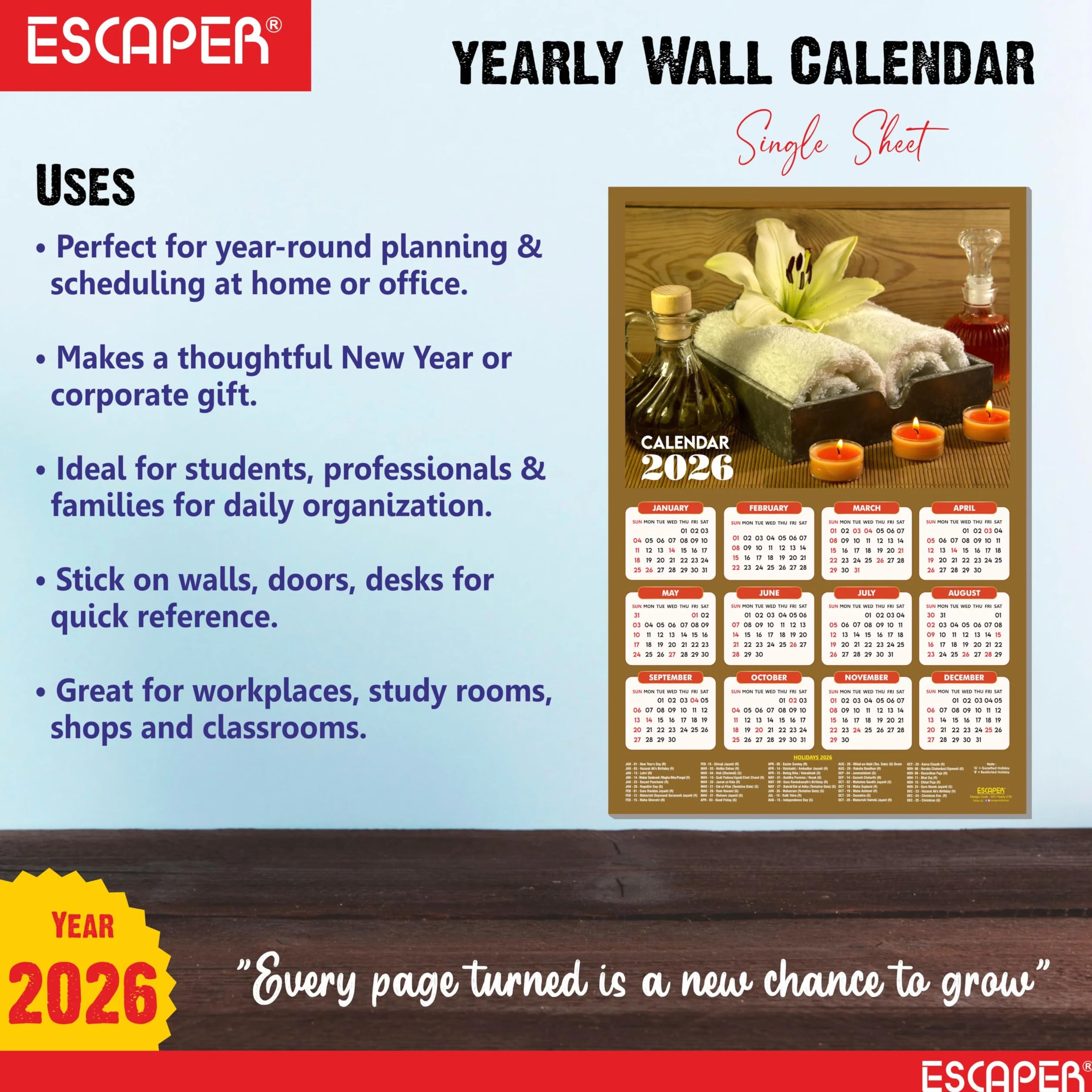 ESCAPER Calendario da parete Body Spa 2025 da appendere (45 x 30 cm), calendario da parete ayurvedico spa 2025, calendario da parete 2025, calendario da parete 2025, decorazione da parete spa