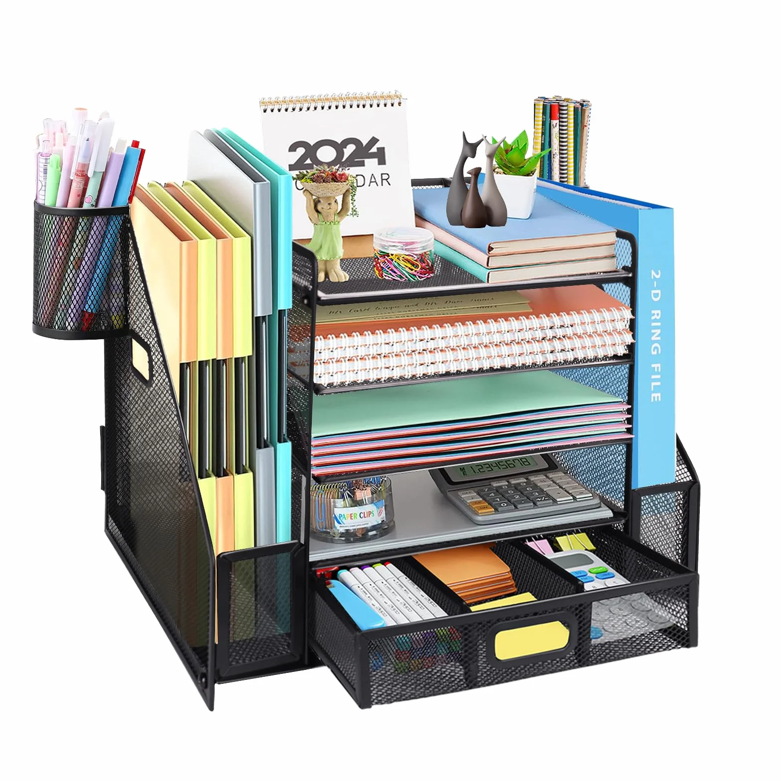 Organizer da scrivania in rete con portadocumenti, organizer per lettere a 5 ripiani con portariviste, organizer da scrivania e portaoggetti per forniture per ufficio, casa o scuola, nero