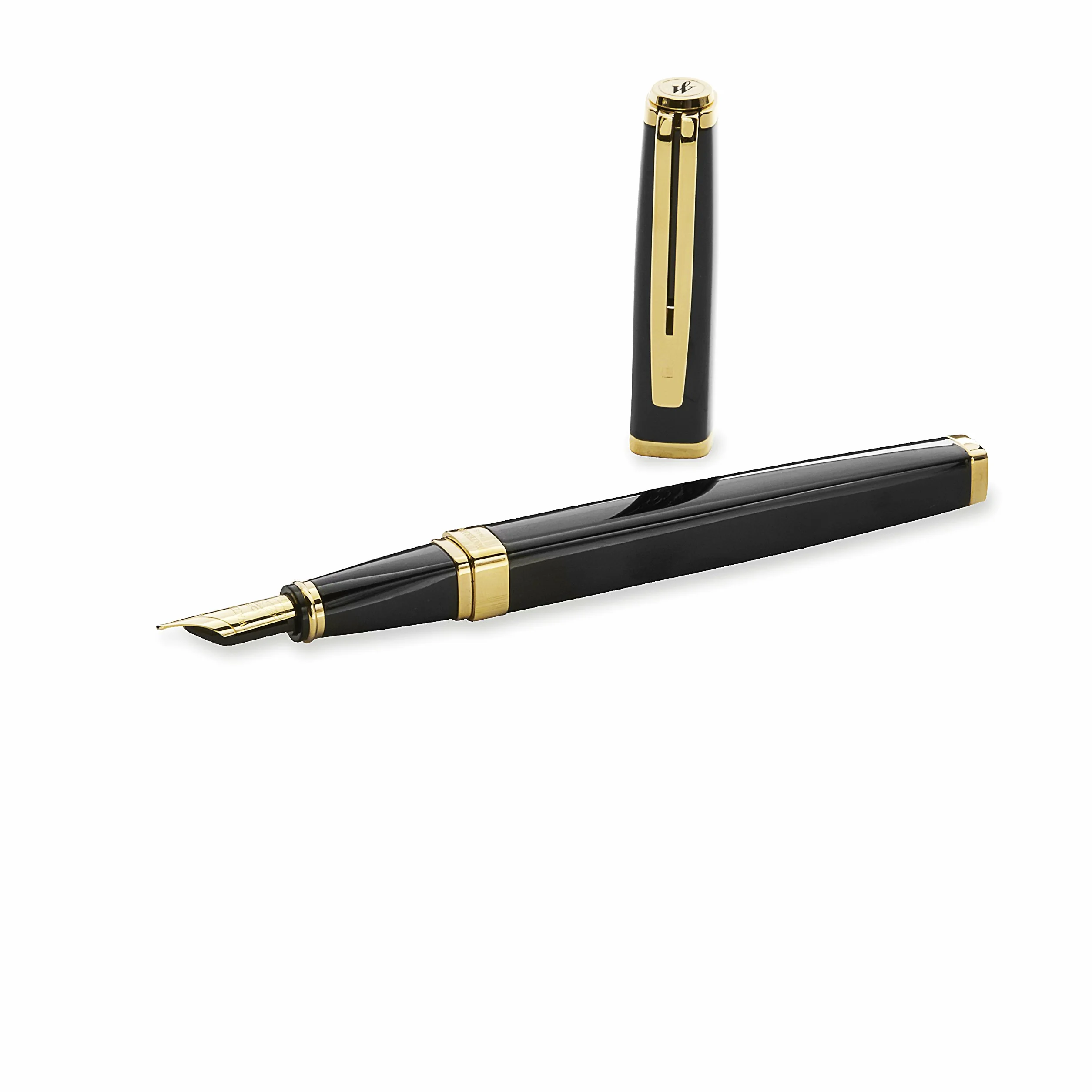 Waterman Exception Penna Stilografica Sottile, Pennino Medio con Cartuccia di Inchiostro Blu, Nero con Clip in Oro 23 Carati, Confezione Regalo
