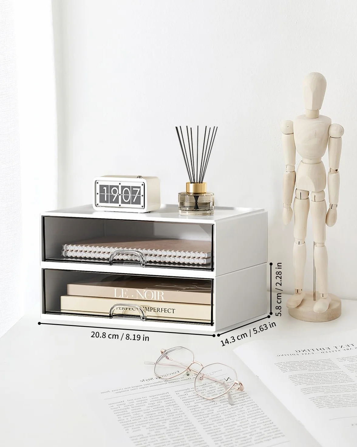 SOSINYA Organizer da scrivania con cassetto, scatola di immagazzinaggio, organizzatore di forniture da ufficio in plastica per ufficio, scuola, casa, impilabili, per penne, trucco (B)