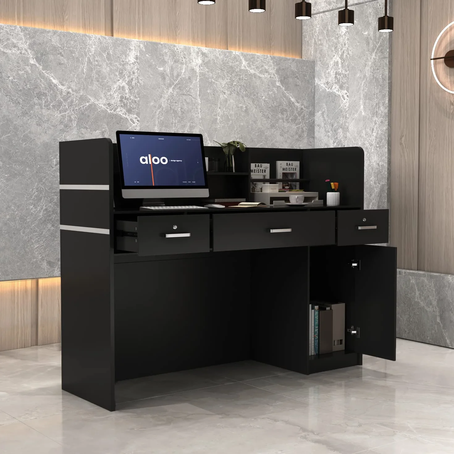 Banco reception, Banco di Reception e Vendita - Mobili da Ufficio con 3 Cassetti, Nero - 110 x 120 x 48 cm