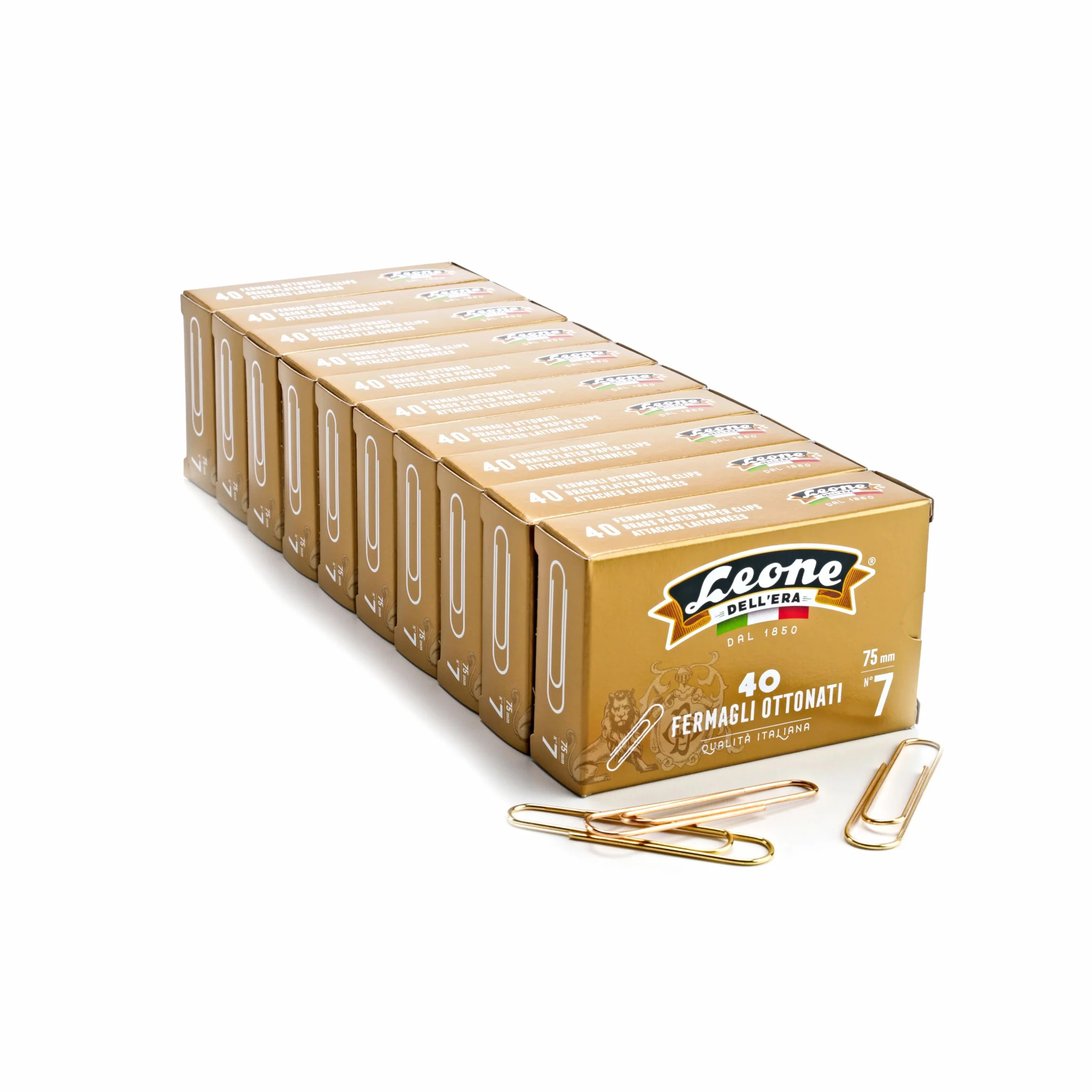 Fermagli Ottonati Leone Dell'Era, 10 Scatole di cartone da 40 pezzi, N° 7 mm 1,60 x 75, punta rotonda