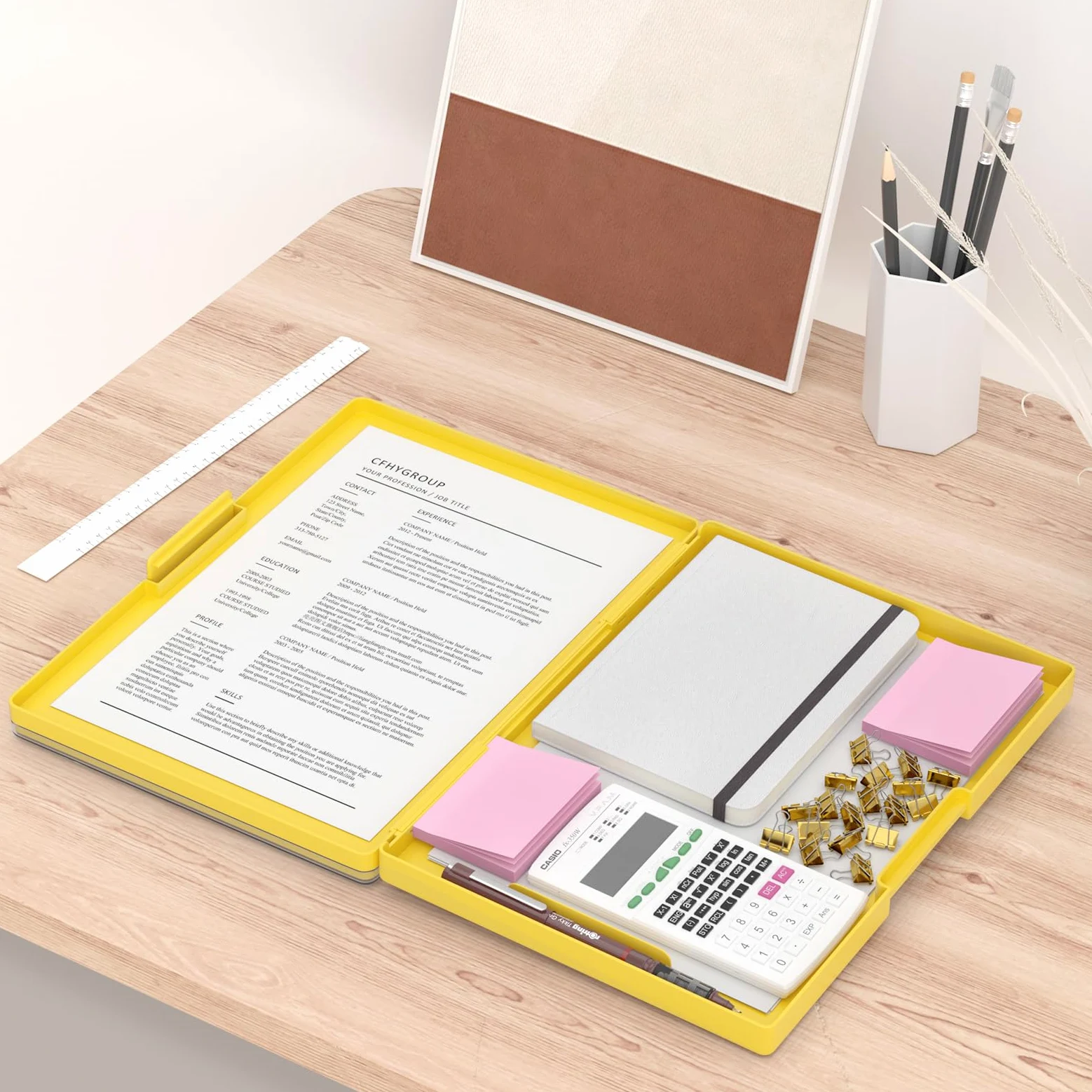 Rimilak Portablocco in plastica con contenitore, apertura laterale con 2 custodie, portablocco ad alta capacità con clip resistenti, per lavoro, scuola, ufficio, giallo
