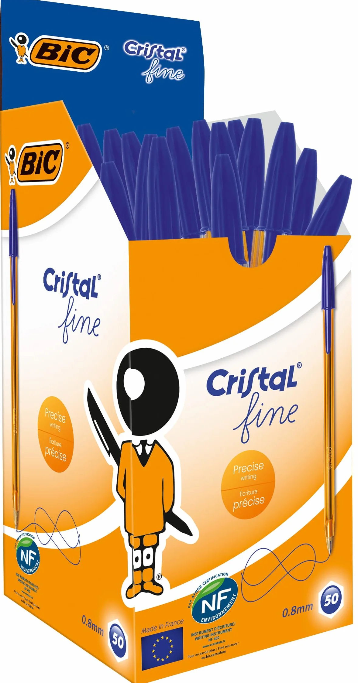 BIC Cristal Original Fine Penne a Sfera Blu 0.8 mm, Confezione da 50